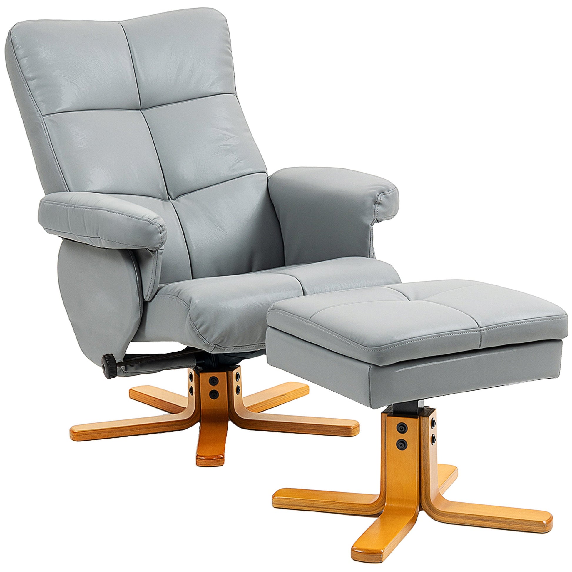 Recliner Armchair, Swivel Reclining Chair With Ottoman, Swivel Faux Leather Chair with Wooden Base and Storage Footstool for Living Room, Light Grey