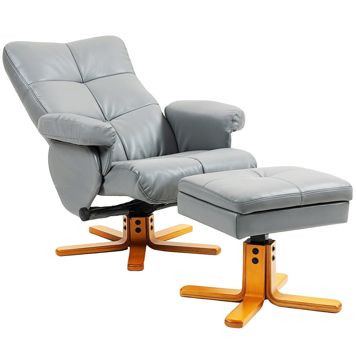 Recliner Armchair, Swivel Reclining Chair With Ottoman, Swivel Faux Leather Chair with Wooden Base and Storage Footstool for Living Room, Light Grey