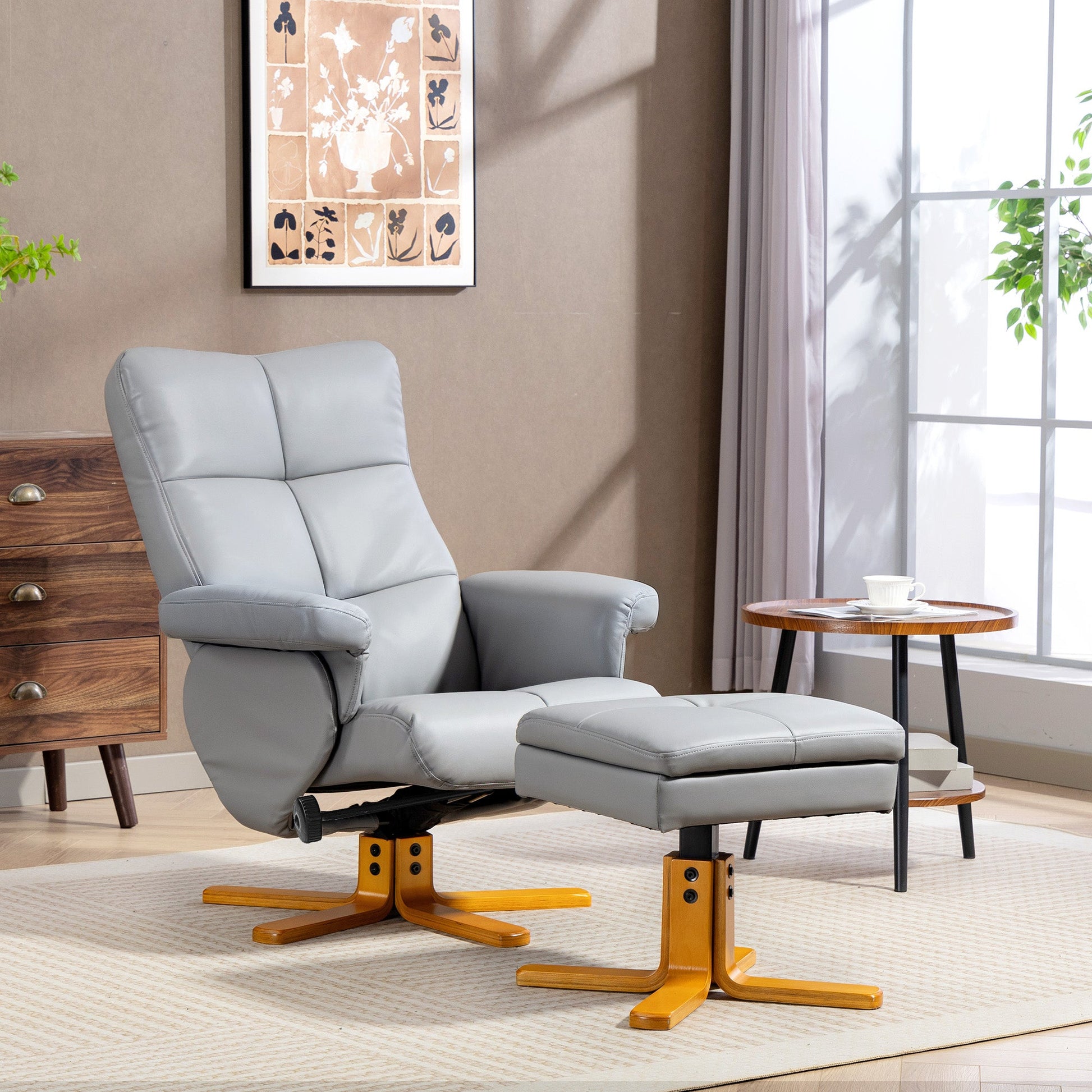 Recliner Armchair, Swivel Reclining Chair With Ottoman, Swivel Faux Leather Chair with Wooden Base and Storage Footstool for Living Room, Light Grey