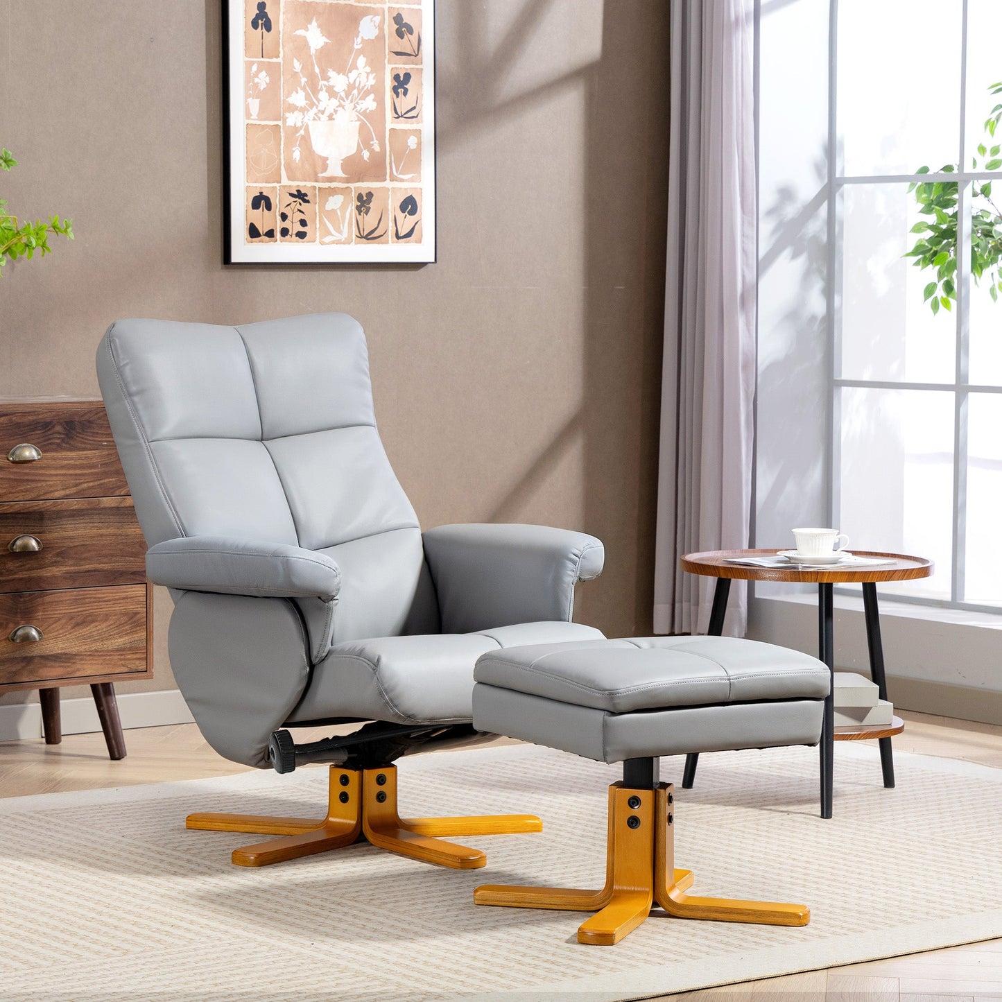 Recliner Armchair, Swivel Reclining Chair With Ottoman, Swivel Faux Leather Chair with Wooden Base and Storage Footstool for Living Room, Light Grey