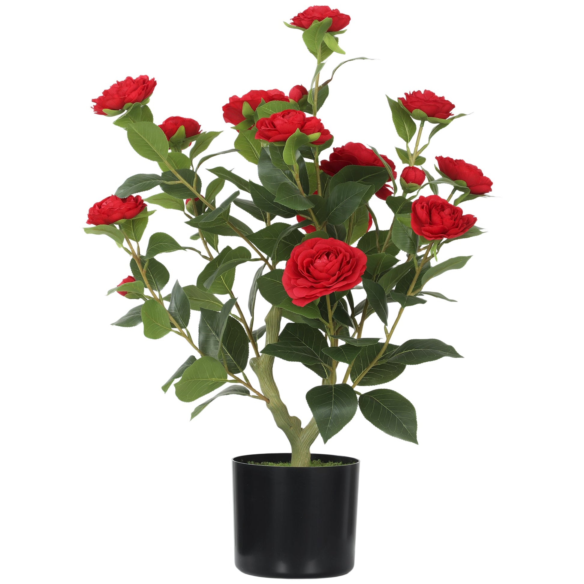 65cm Artificial Camellia Flower Plant in Pot, Realistic Silk Flowers with 116 Lush Leaves & Moss Effect, Faux Tree for Outdoor Indoor Garden Porch Decor, Red