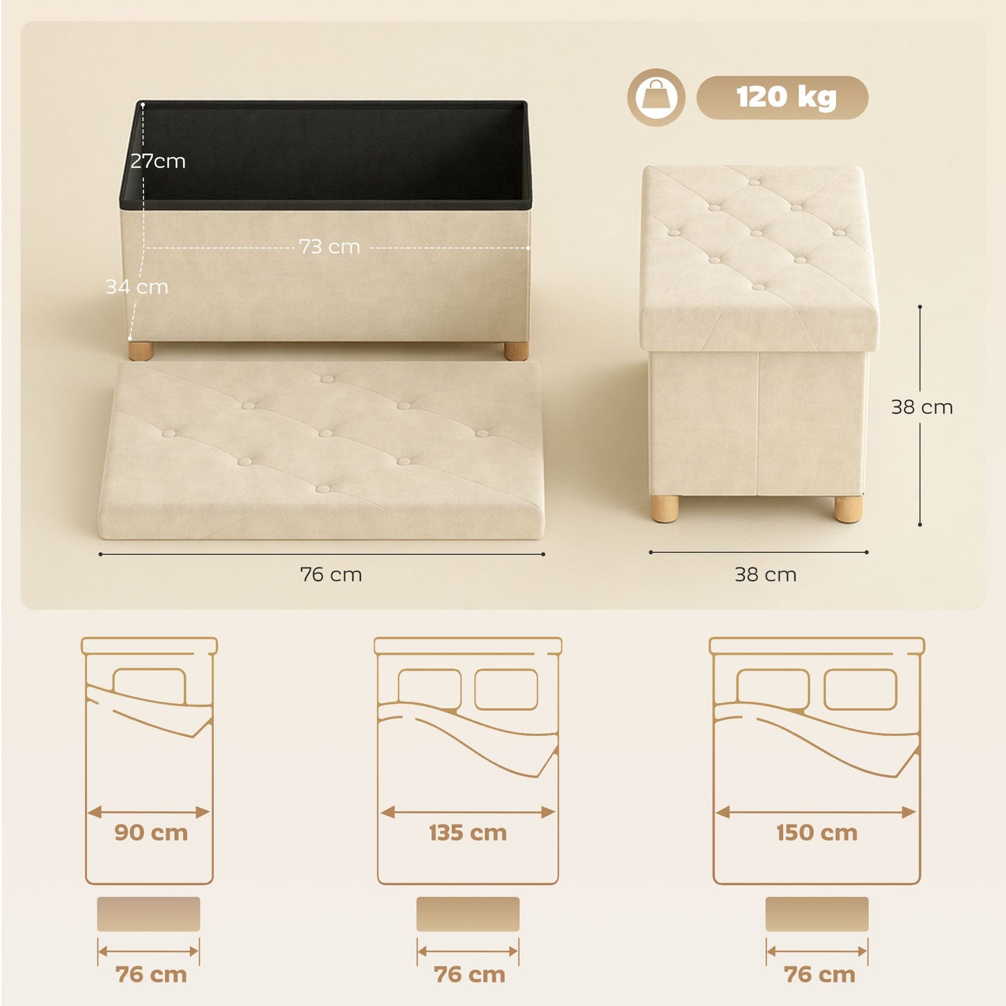 Storage Ottoman Bench, Velvet Upholstered Foldable Ottoman Footrest, Foot Stool with Wood Legs for Living Room, Bedroom, Entryway, Cream White