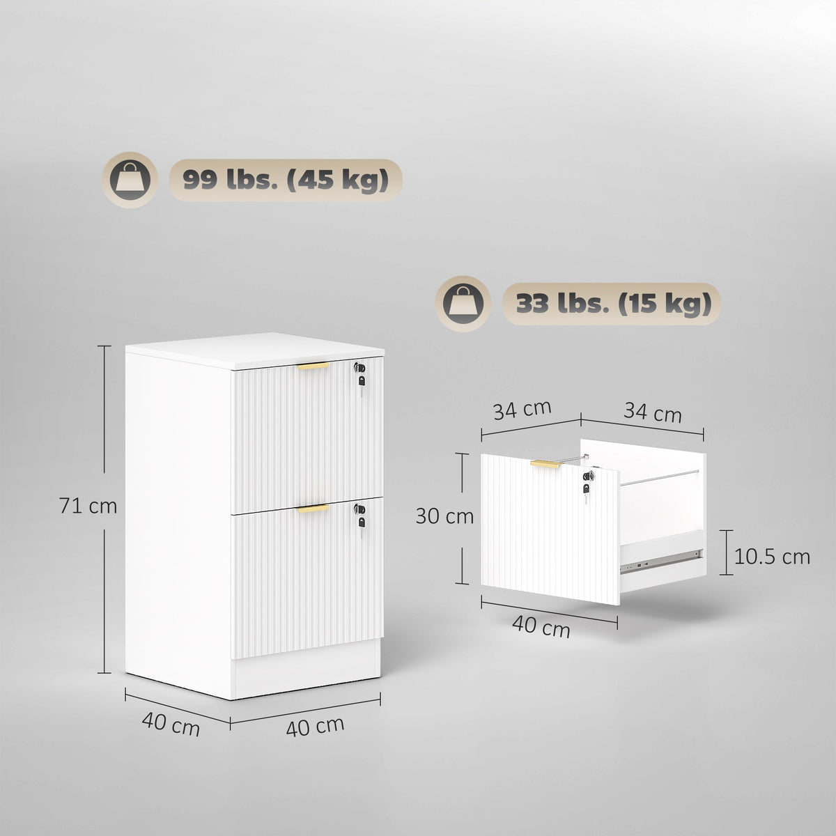 2 Drawer Filing Cabinet, Fluted Vertical File Cabinet with Lock and Adjustable Hanging Rails for A4 and Letter Size Files, Printer Stand with Storage, White