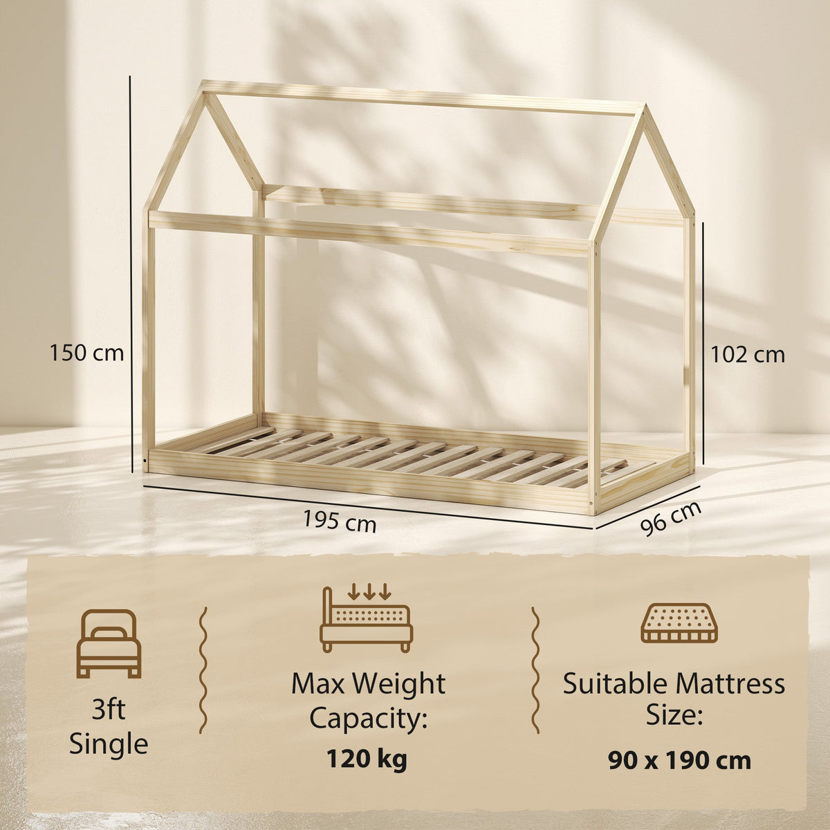 Single Bed Frame, House Scandinavian Style Wooden Bed Frame for 90W x 190Dcm Mattress, Pine Wood Bed Base, Natural Wood Finish