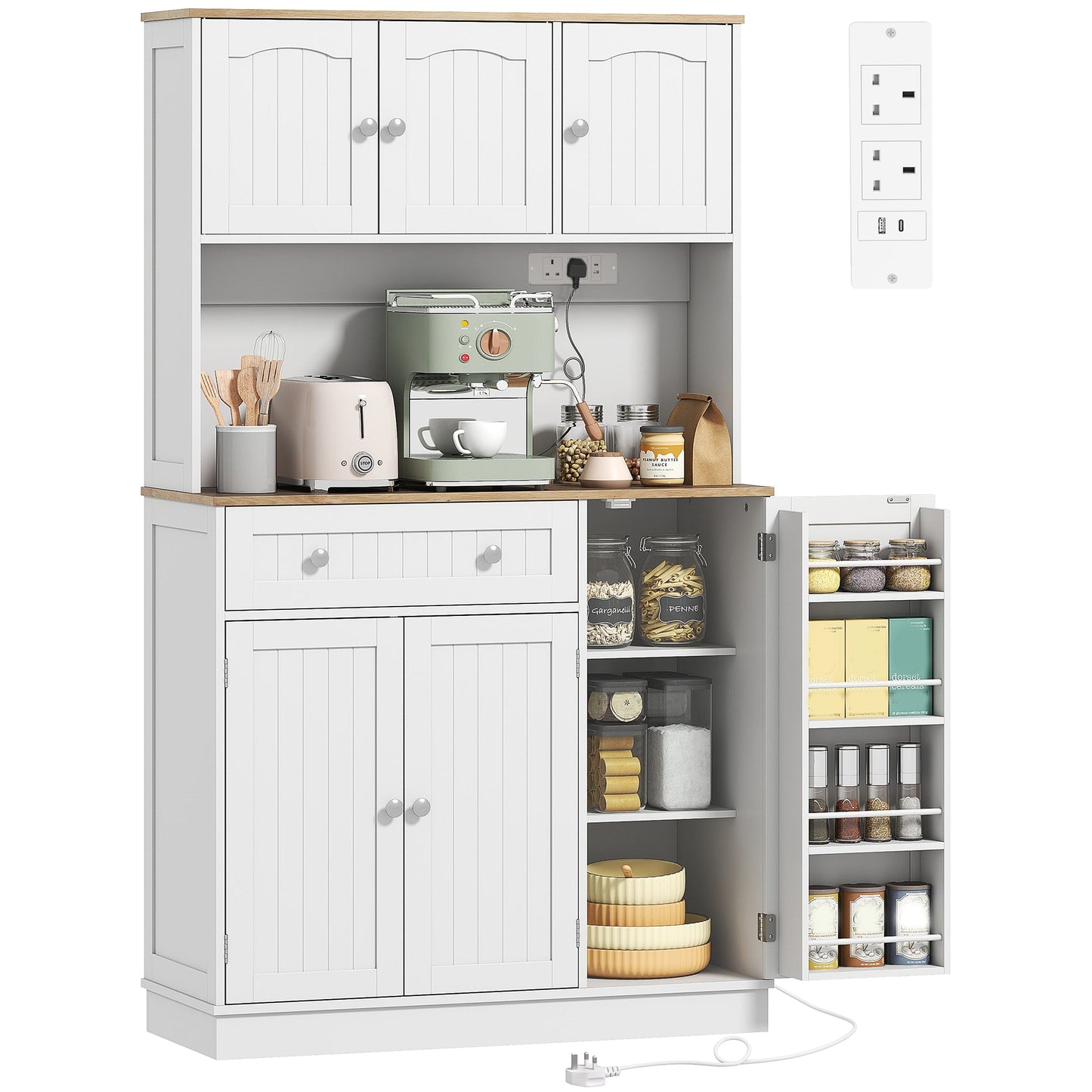 173 cm Tall Kitchen Cupboard with Charging Station, Pantry Storage Cabinet with Microwave Stand, Adjustable Shelves, 4 Door Racks, Farmhouse Kitchen Cabinet for Dining Room, White