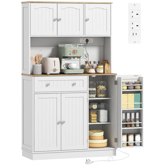 173 cm Tall Kitchen Cupboard with Charging Station, Pantry Storage Cabinet with Microwave Stand, Adjustable Shelves, 4 Door Racks, Farmhouse Kitchen Cabinet for Dining Room, White