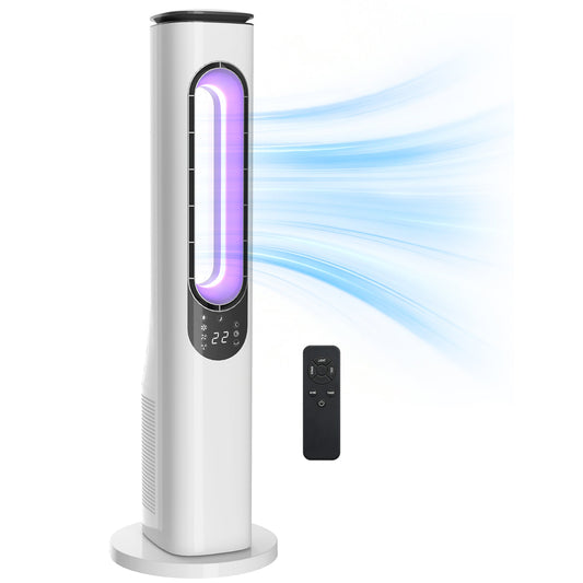 Bladeless Tower Fan for Bedroom, 35dB Standing Cooling Fan with 50° Oscillating, LED Lights, 3 Speeds, 3 Modes, 15H Timer, LED Display and Remote Control, White