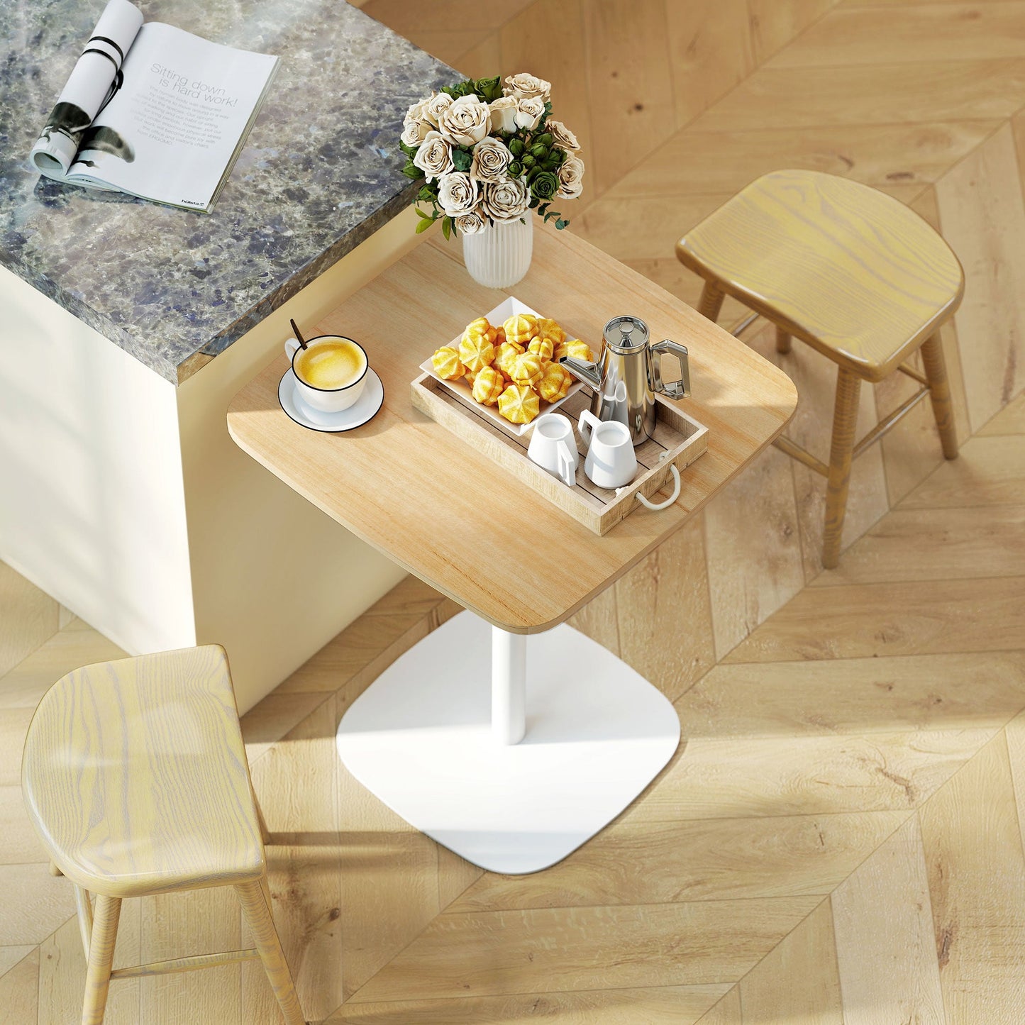 Small Dining Table, 60 cm Square Kitchen Table with Wood Veneer Top, Square Steel Pedestal Base and Anti-slip Foot Pads for Living Room, Dining Room, Natural Wood Finish