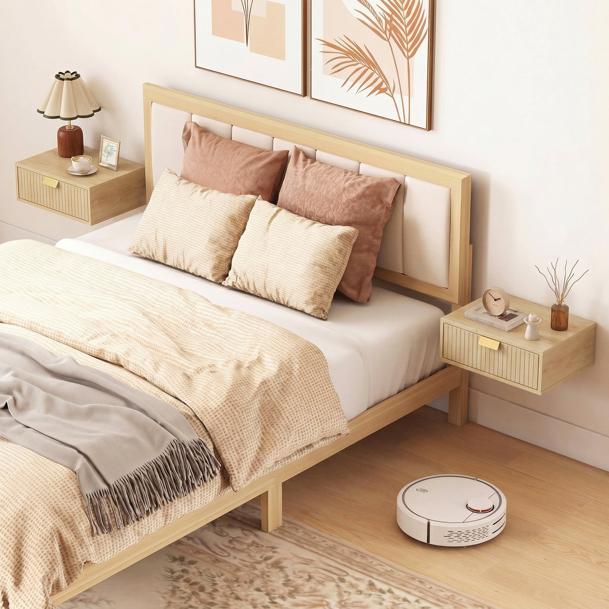 Modern Floating Nightstands Set of 2, Wall Mounted Bedside Tables with Wave Drawer for Bedroom and Living Room, Oak