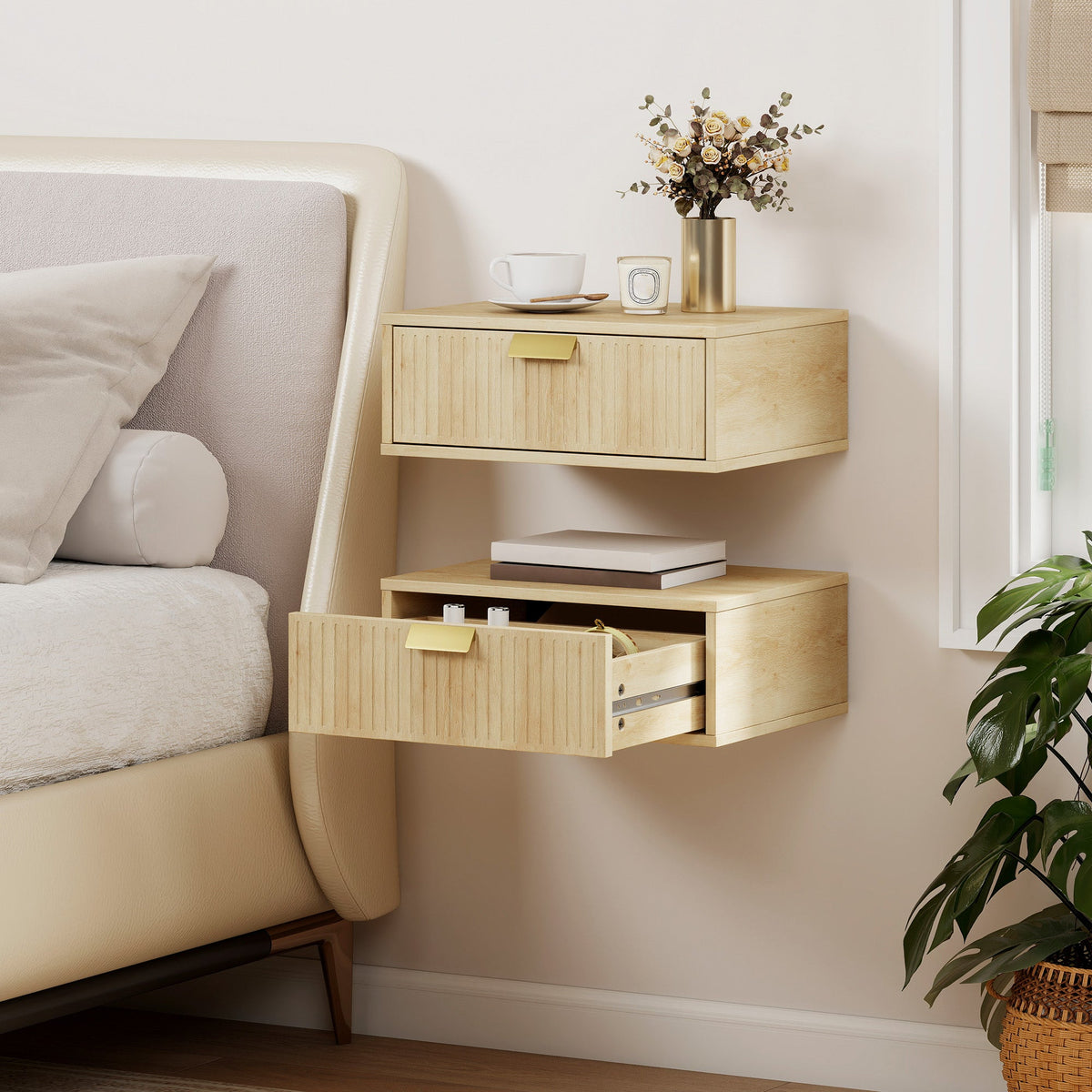 Modern Floating Nightstands Set of 2, Wall Mounted Bedside Tables with Wave Drawer for Bedroom and Living Room, Oak