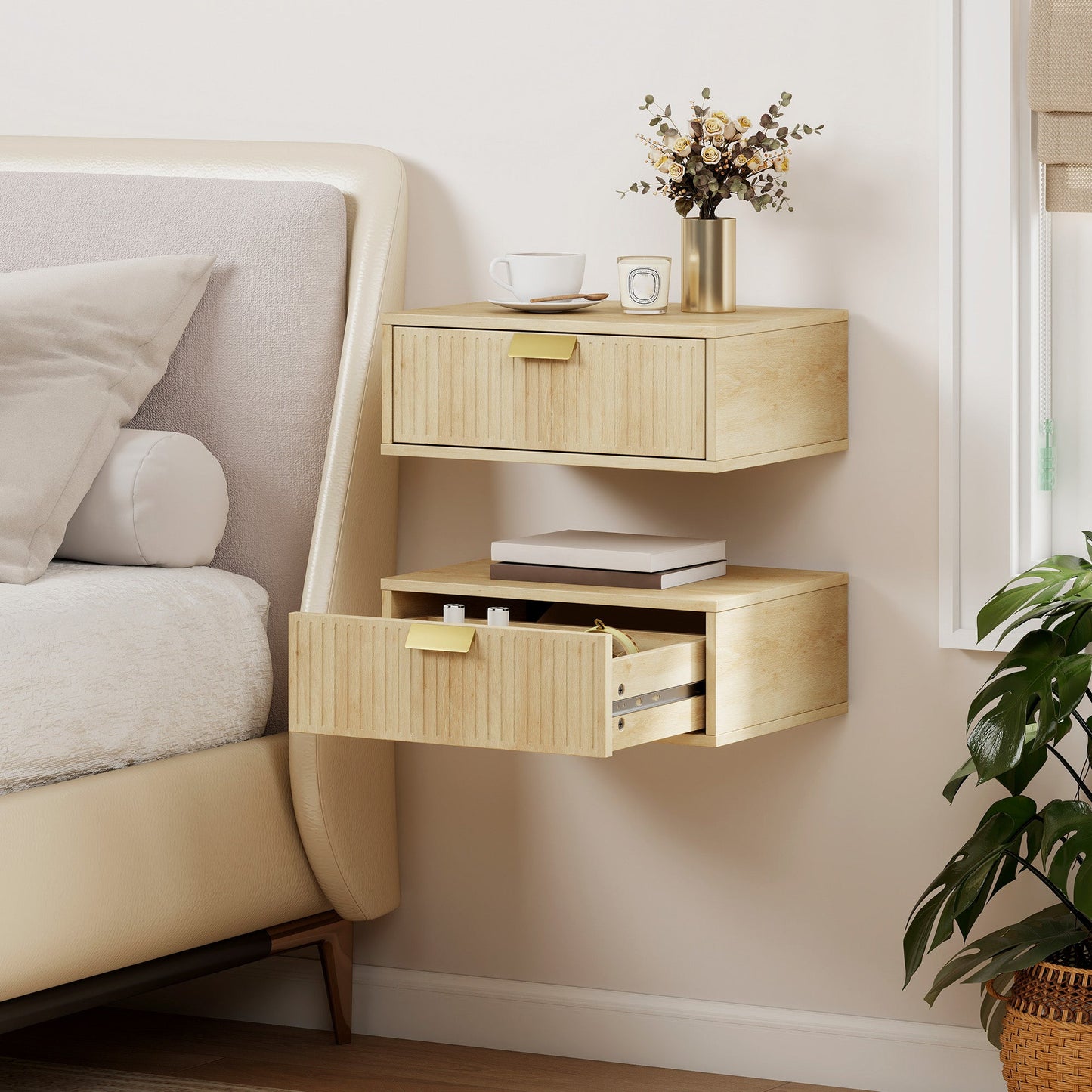 Modern Floating Nightstands Set of 2, Wall Mounted Bedside Tables with Wave Drawer for Bedroom and Living Room, Oak