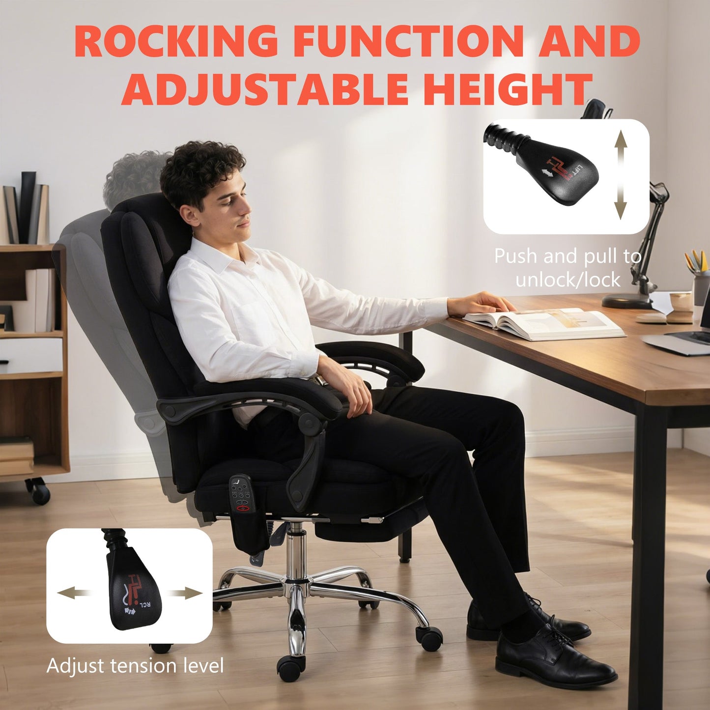 Office Chair with 6-point Vibration Massage and Heat, Velvet-feel Fabric Desk Chair with Footrest, Linkage Armrests, High Back, Adjustable Height, 135° Reclining for Home Office, Black