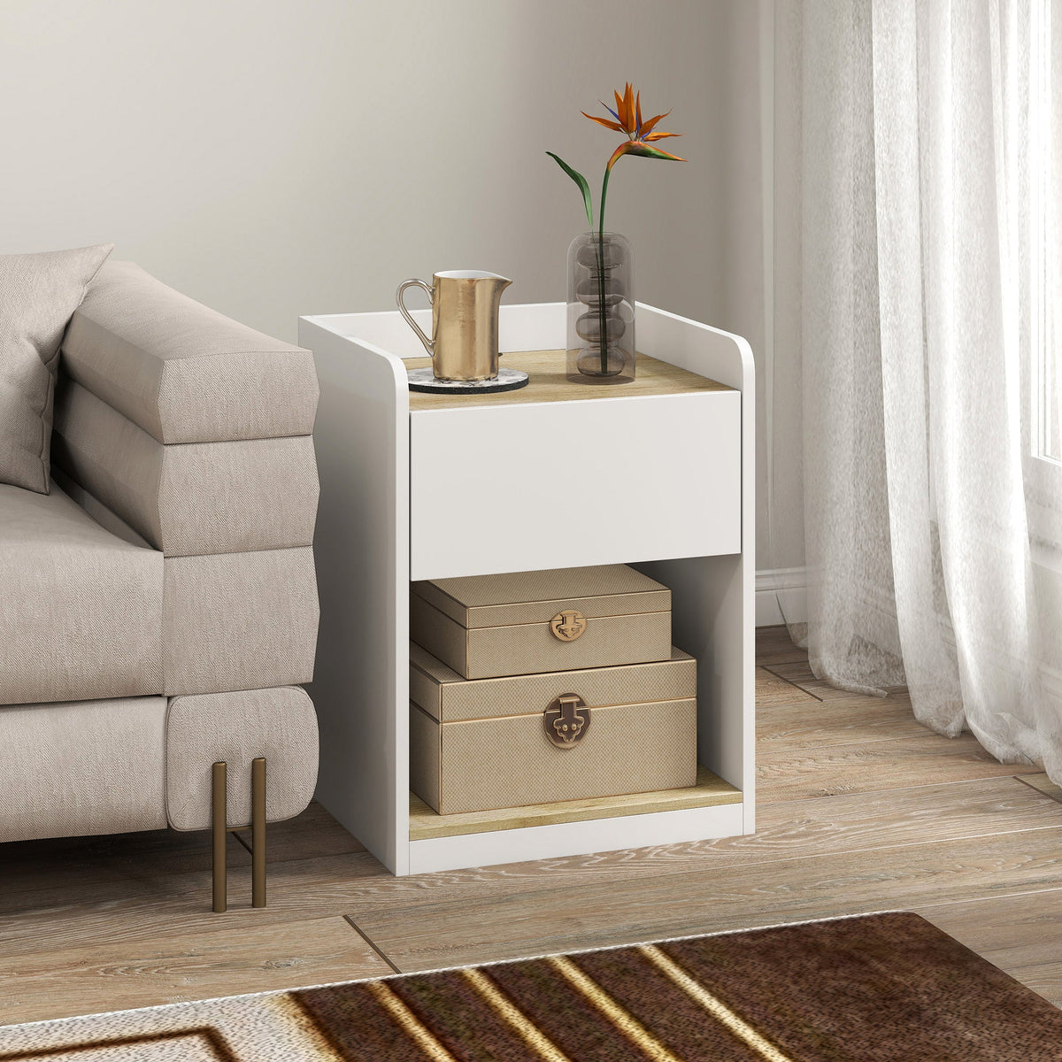 Modern Bedside Table, Slim Nightstand with Drawer, Shelf and Cable Holes, Bedside Cabinet for Bedroom, Living Room, White and Oak
