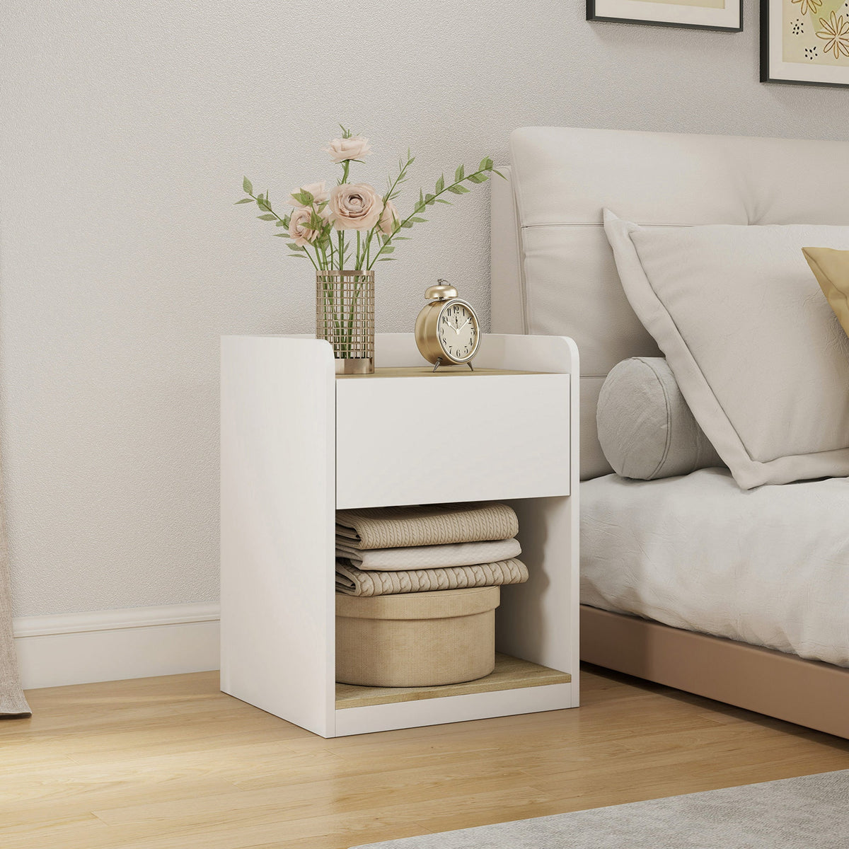Modern Bedside Table, Slim Nightstand with Drawer, Shelf and Cable Holes, Bedside Cabinet for Bedroom, Living Room, White and Oak