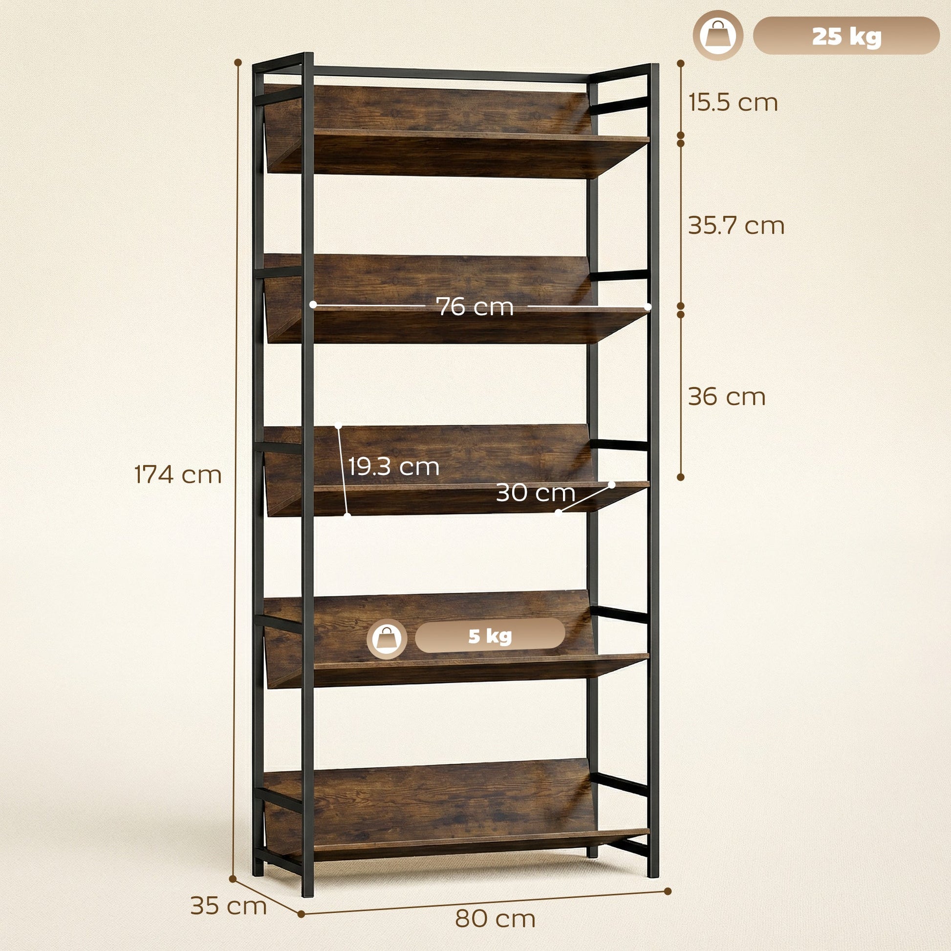 Room Divider Bookshelf, 5-Tier Bookcase, Storage Shelves with Metal Frame and Anti-Slip Design for Living Room, Bedroom, Home Office, Rustic Brown