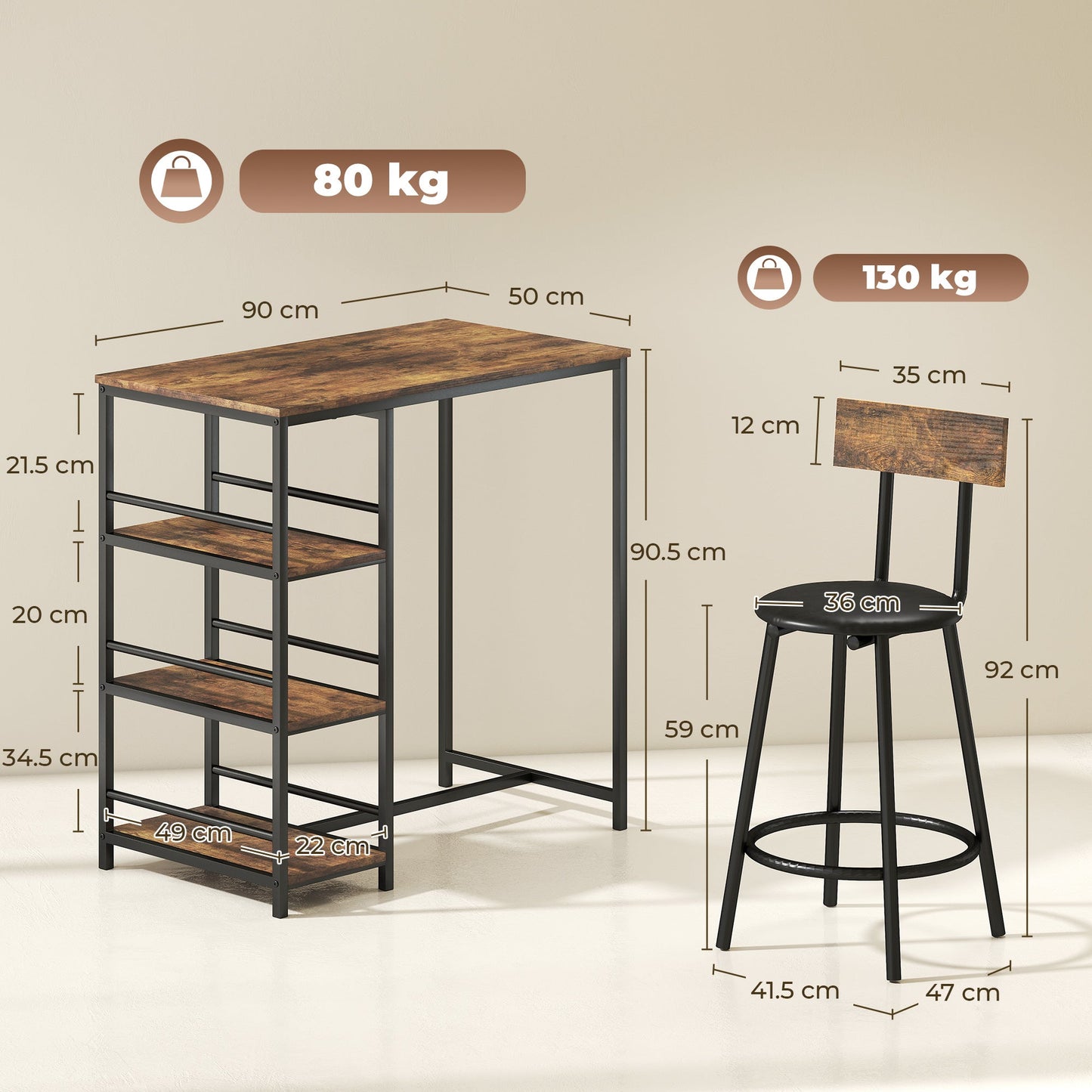 3 Piece Breakfast Bar Table Set, Space Saving Bar Table and PU Leather Stools for 2, Dining Table Set with Storage Shelves, Rustic Brown