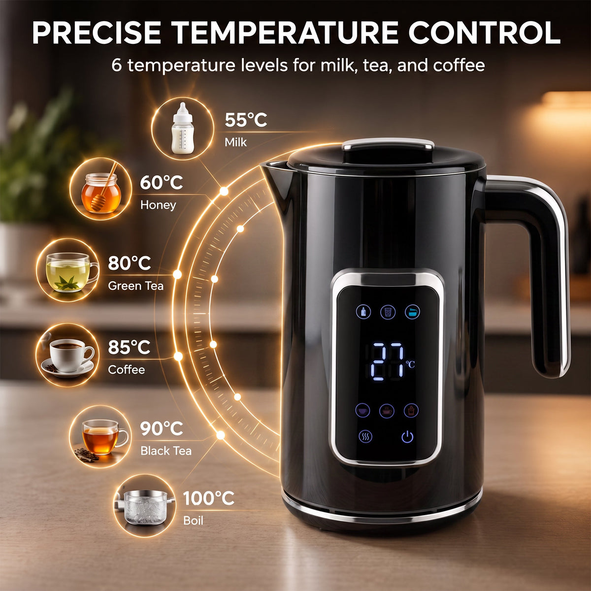 Electric Kettle, 1.7L Fast Boil 3000W Water Kettle with LED Display, Adjustable Temperature, Keep Warm Function, Auto Shut-off Boil-Dry Protection, Double-Wall, Black