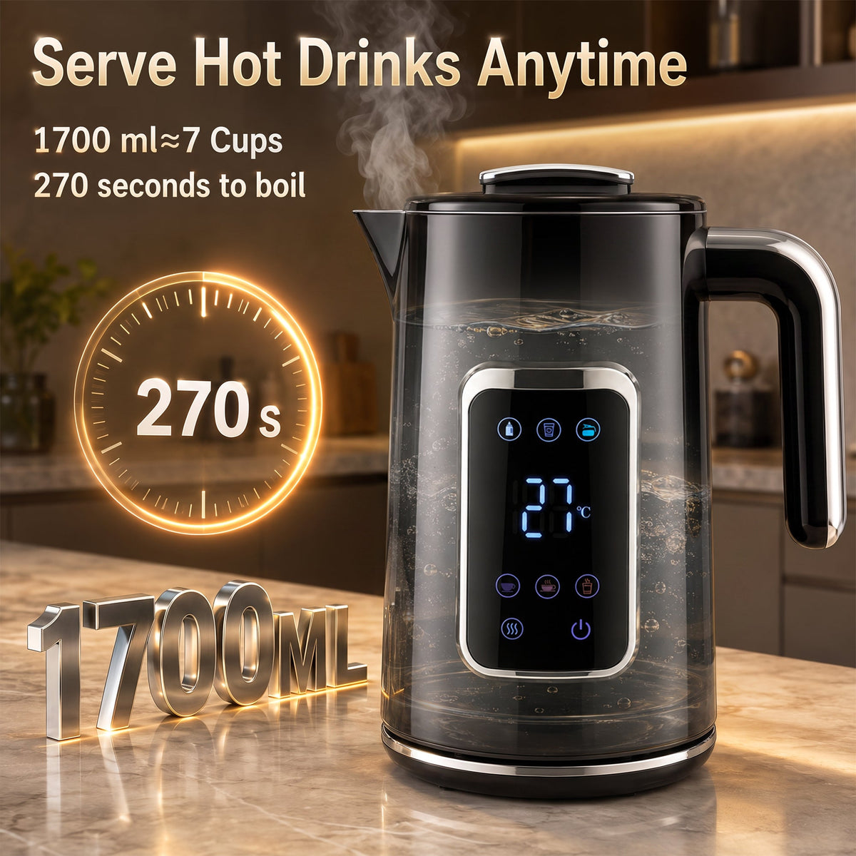 Electric Kettle, 1.7L Fast Boil 3000W Water Kettle with LED Display, Adjustable Temperature, Keep Warm Function, Auto Shut-off Boil-Dry Protection, Double-Wall, Black