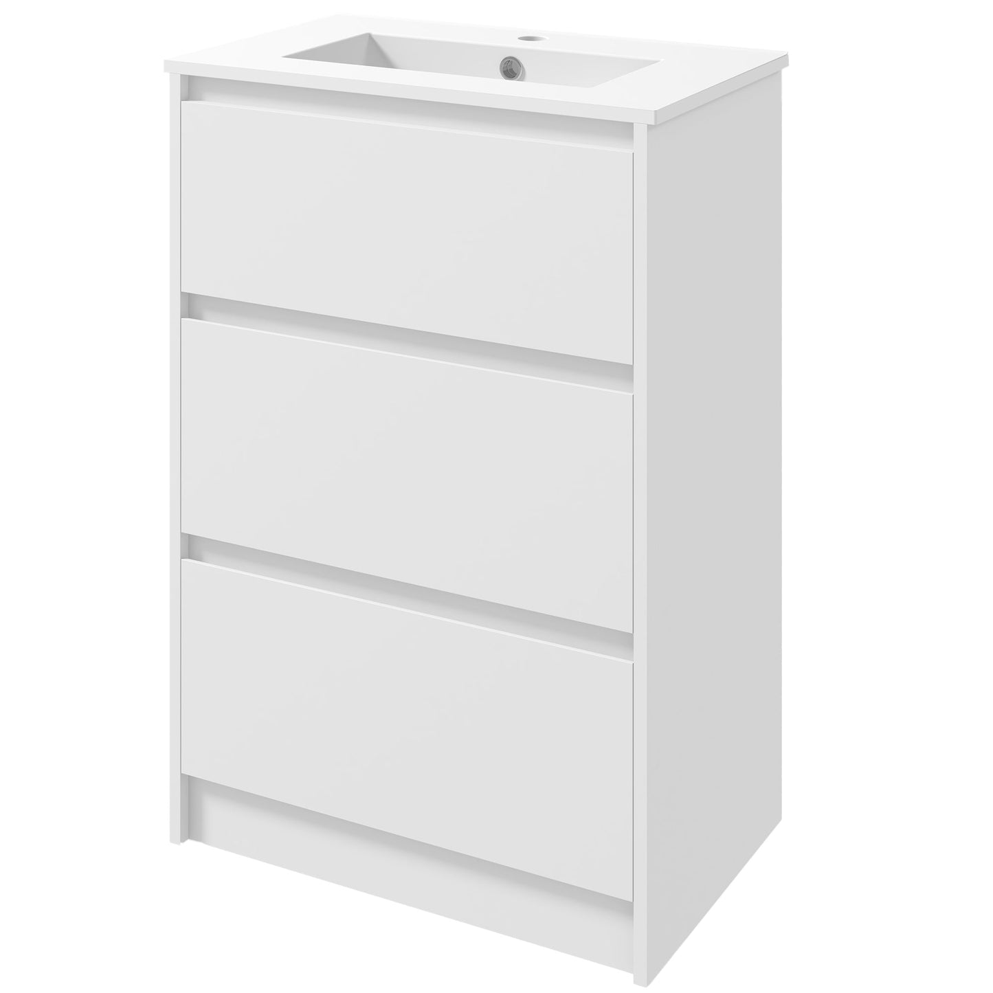kleankin 600mm Bathroom Vanity Unit with Basin and Single Tap Hole, High Gloss White Floor Standing Bathroom Sink Unit with 2 Drawers