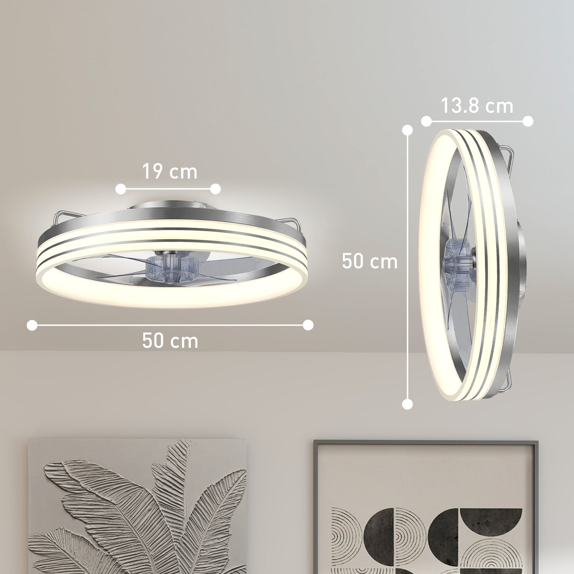 Ceiling Fans with Lights and Remote & App Control, 50 cm Modern LED Ceiling Fan Light with 3 Colour Temperatures, 6 Speed, Timer, Dimmable, Quiet Reversible DC Motor, for Bedroom, Silver Tone