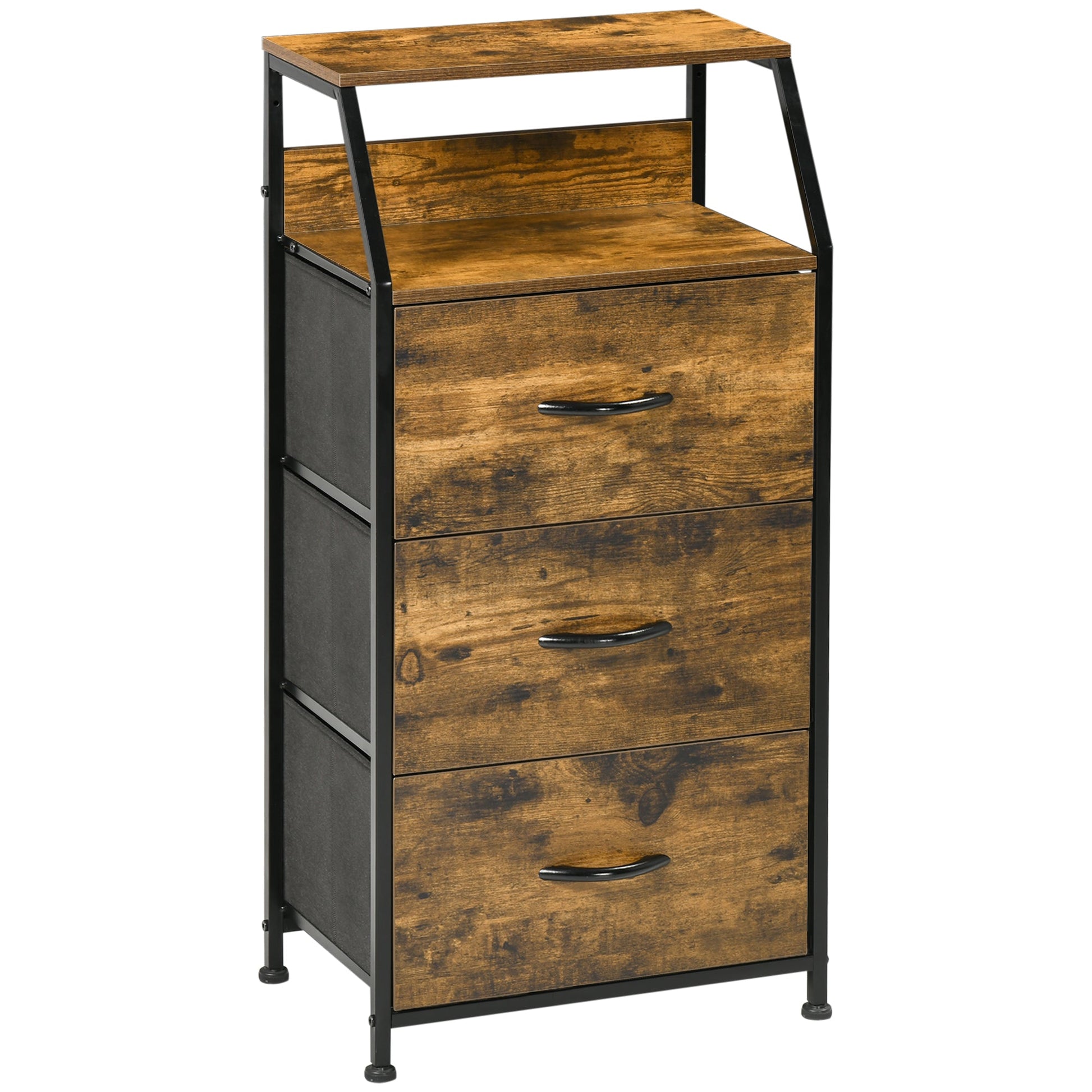HOMCOM Industrial Storage Cabinet, Fabric Chest of Drawers with Display Shelves, 3 Drawers Storage Unit for Living Room, Rustic Brown