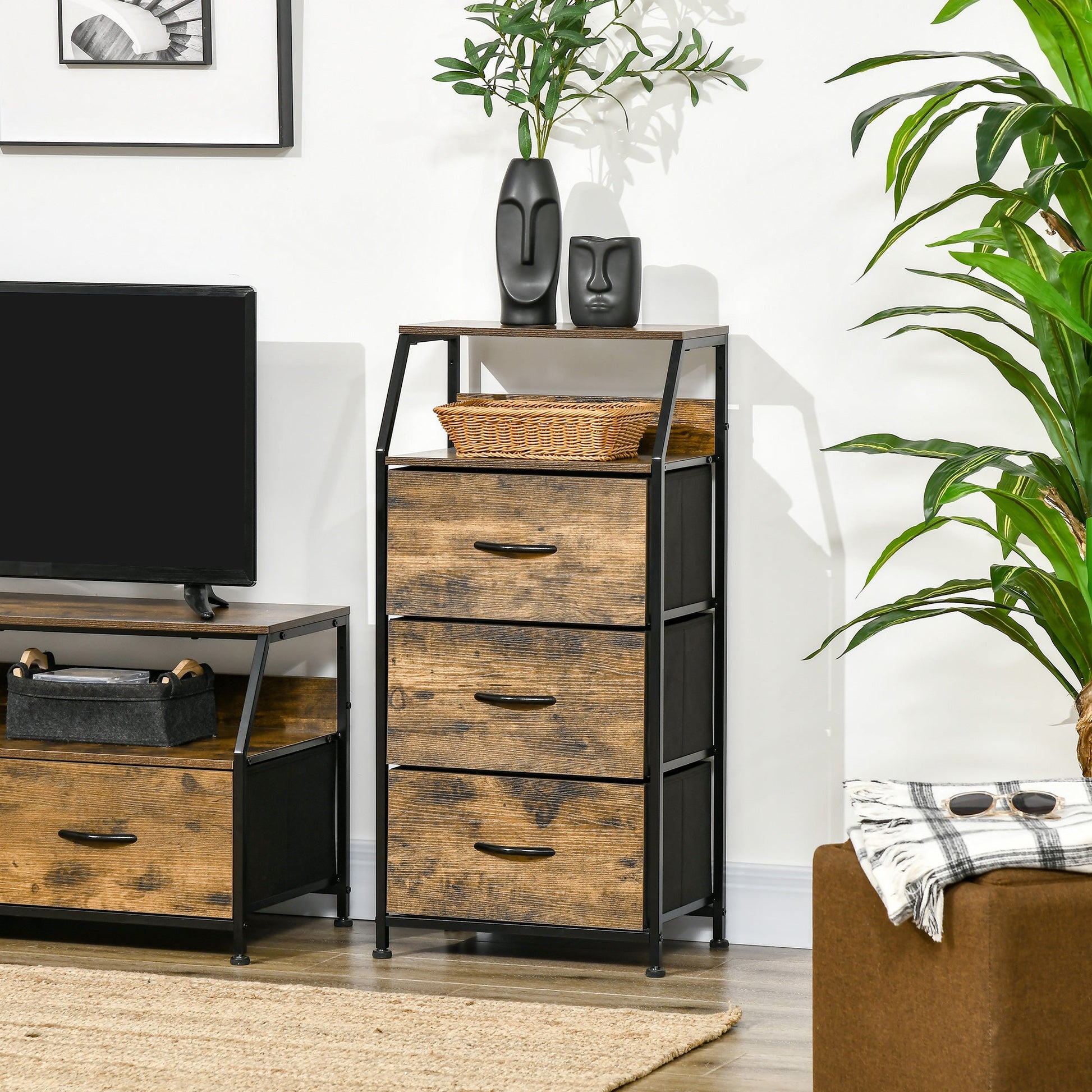 HOMCOM Industrial Storage Cabinet, Fabric Chest of Drawers with Display Shelves, 3 Drawers Storage Unit for Living Room, Rustic Brown