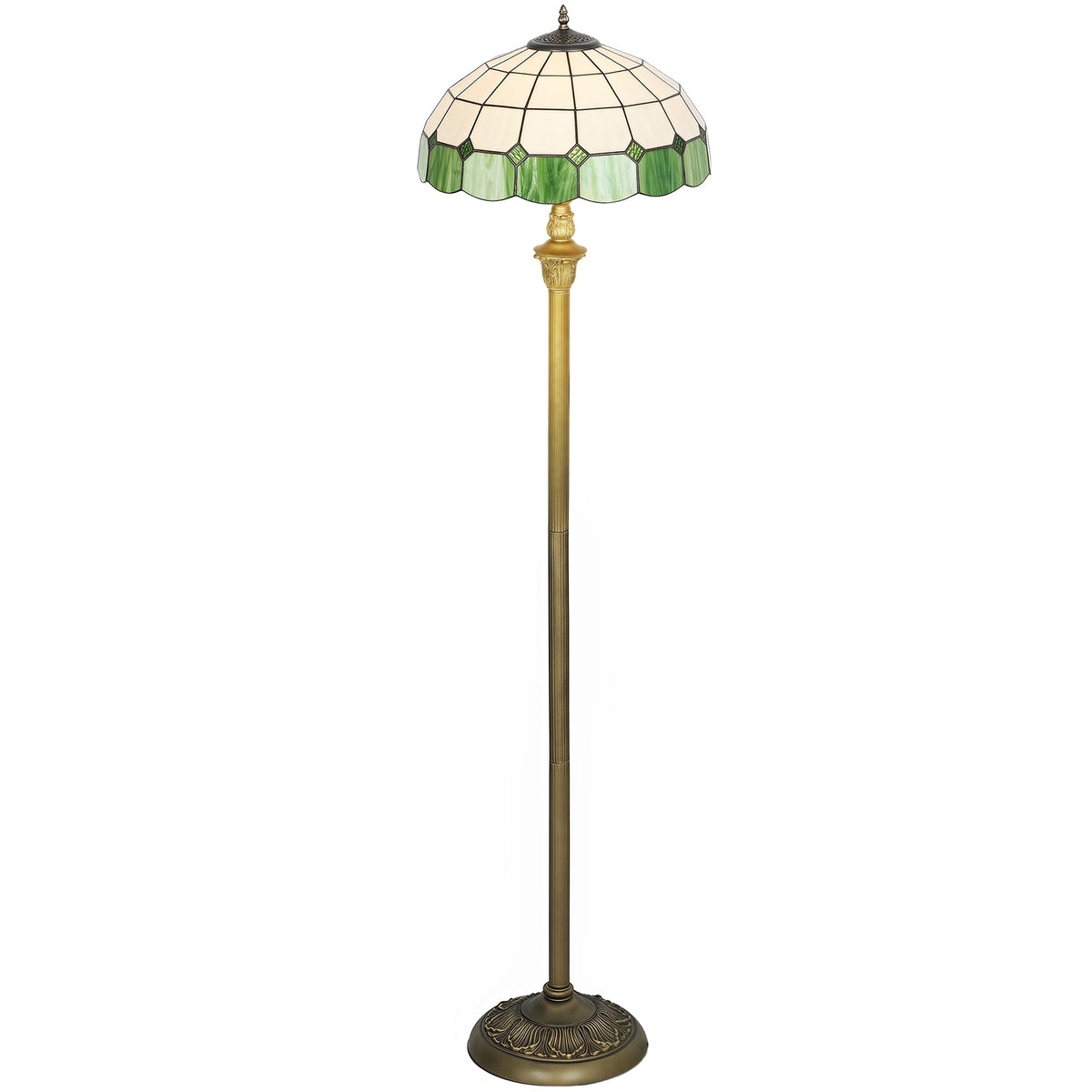 Tiffany-Style Floor Lamp with Handcrafted Stained Glass Shade, 152cm Tall Vintage Standing Lamp with Foot Switch and Dual Sockets for Living Room, Bedroom, Bronze Tone and Green