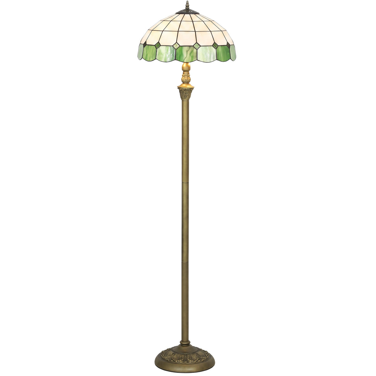 Tiffany-Style Floor Lamp with Handcrafted Stained Glass Shade, 152cm Tall Vintage Standing Lamp with Foot Switch and Dual Sockets for Living Room, Bedroom, Bronze Tone and Green