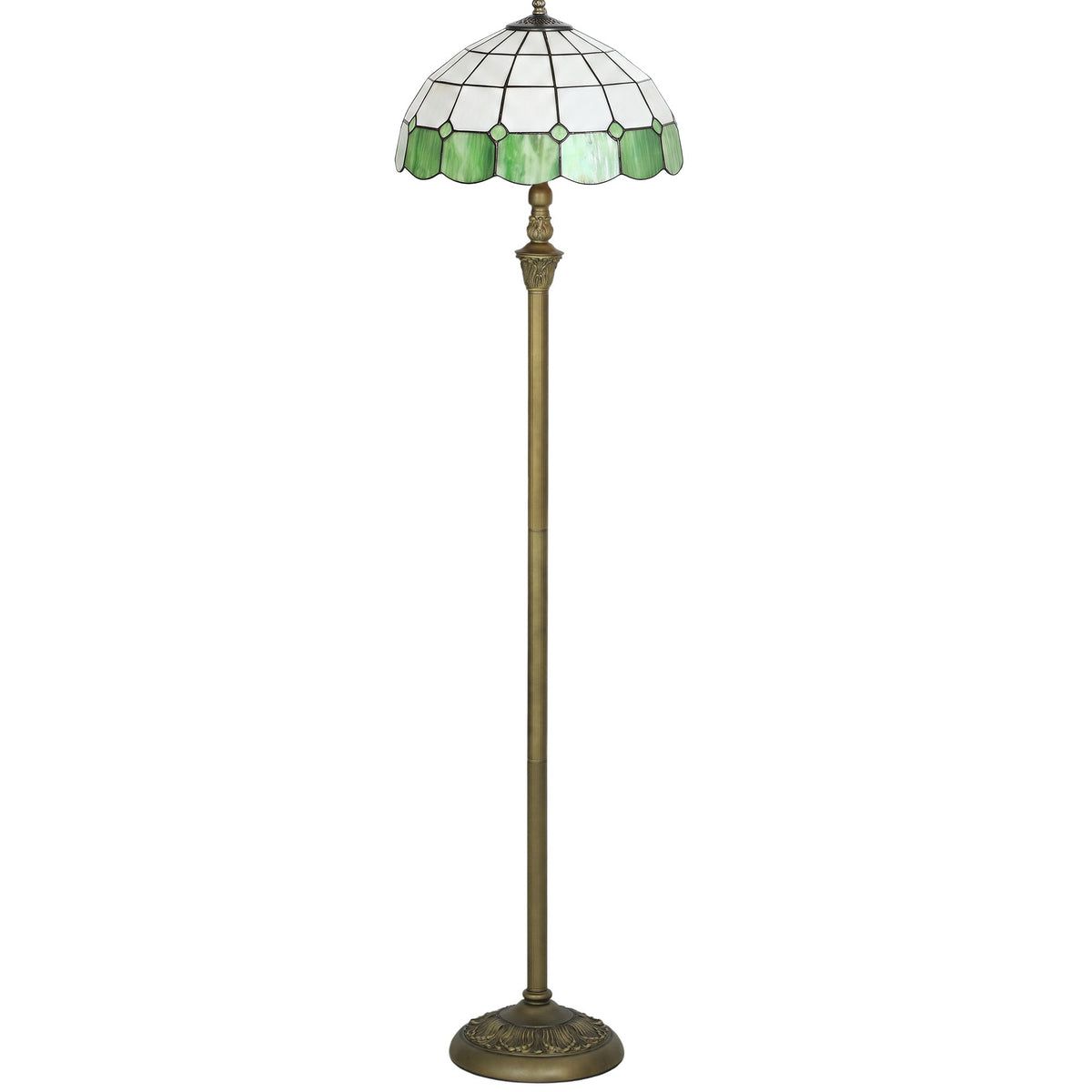 Tiffany-Style Floor Lamp with Handcrafted Stained Glass Shade, 152cm Tall Vintage Standing Lamp with Foot Switch and Dual Sockets for Living Room, Bedroom, Bronze Tone and Green