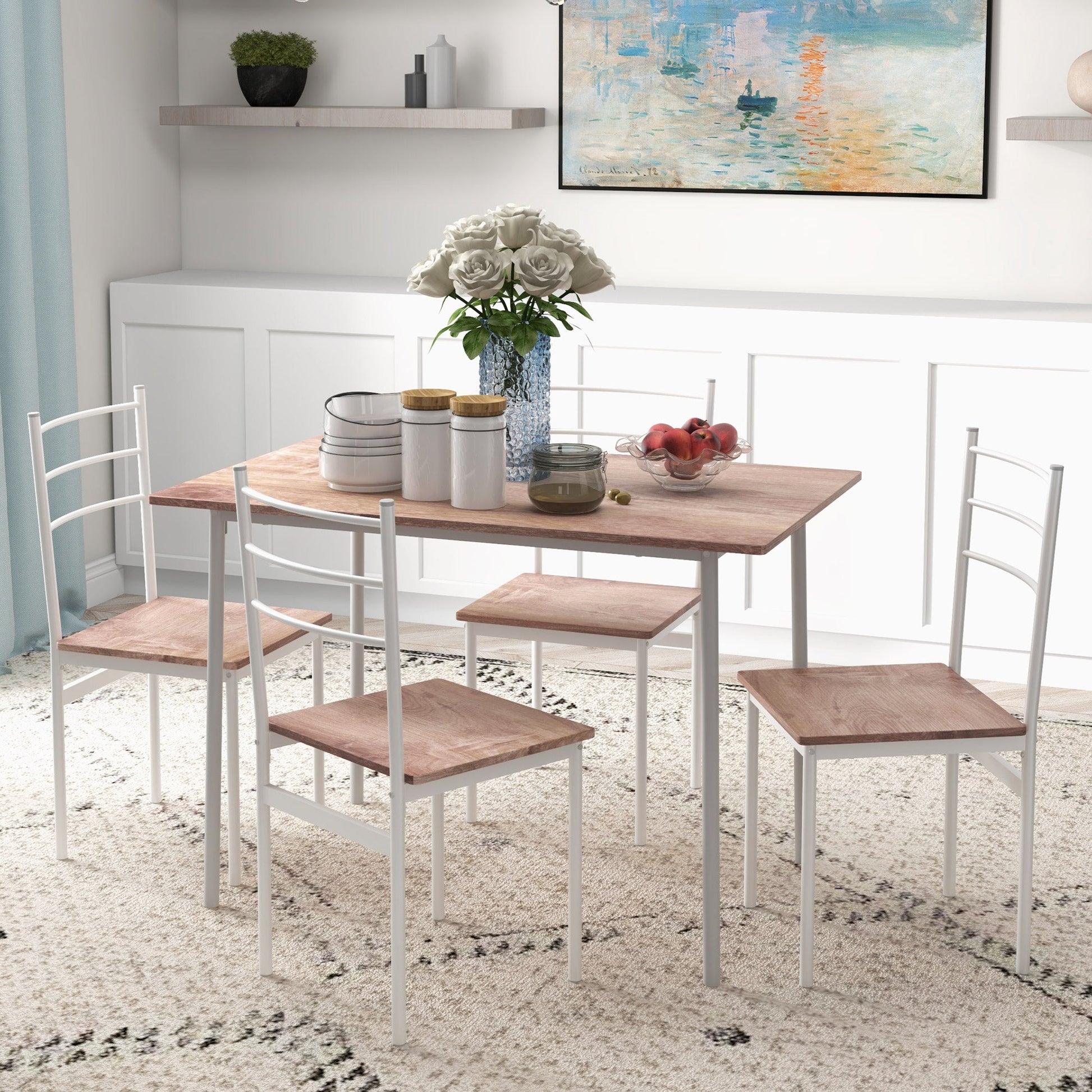 HOMCOM 5 Piece Dining Table and Chairs Set, Dining Room Sets, Steel Frame Space Saving Table and 4 Chairs for Compact Kitchens, White