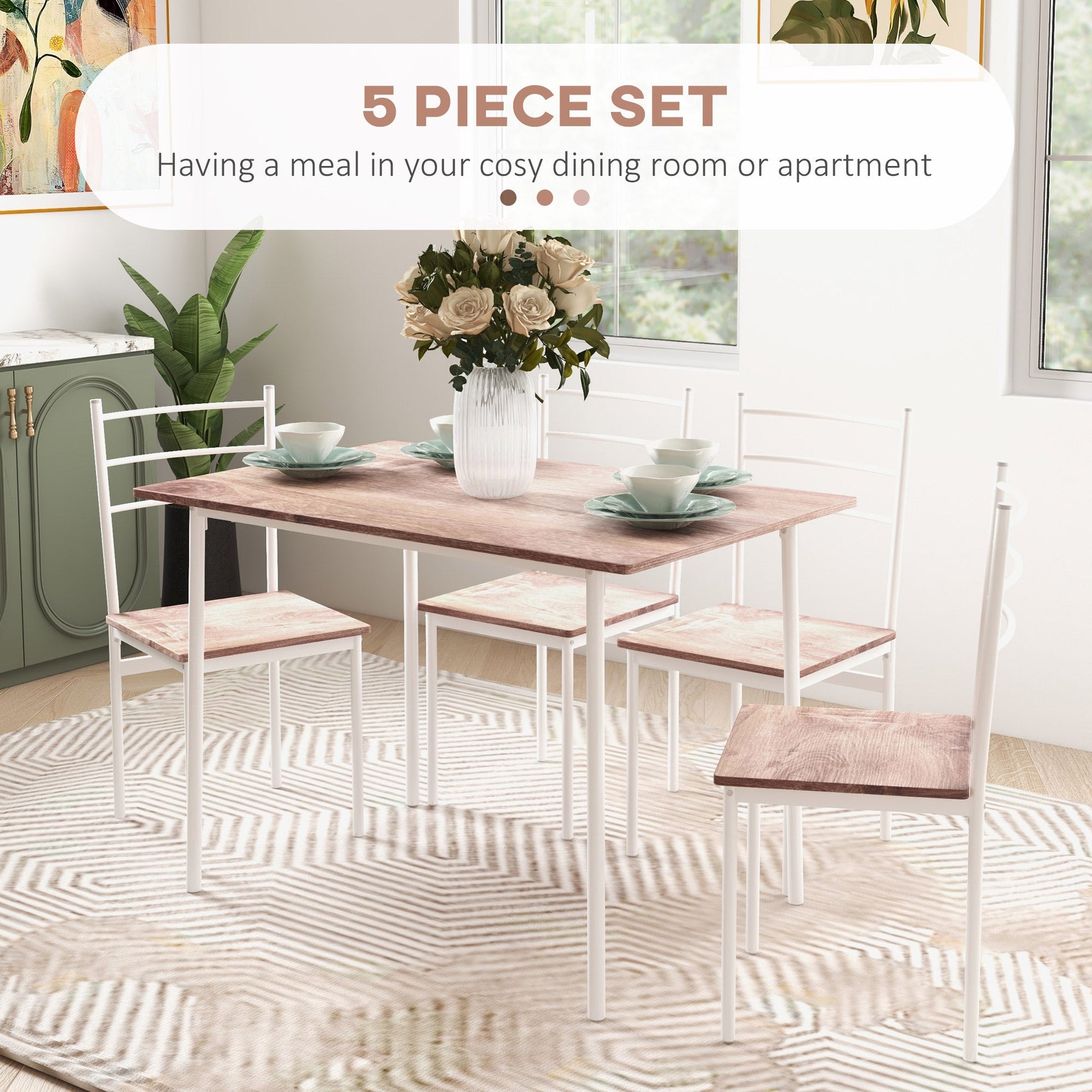 HOMCOM 5 Piece Dining Table and Chairs Set, Dining Room Sets, Steel Frame Space Saving Table and 4 Chairs for Compact Kitchens, White