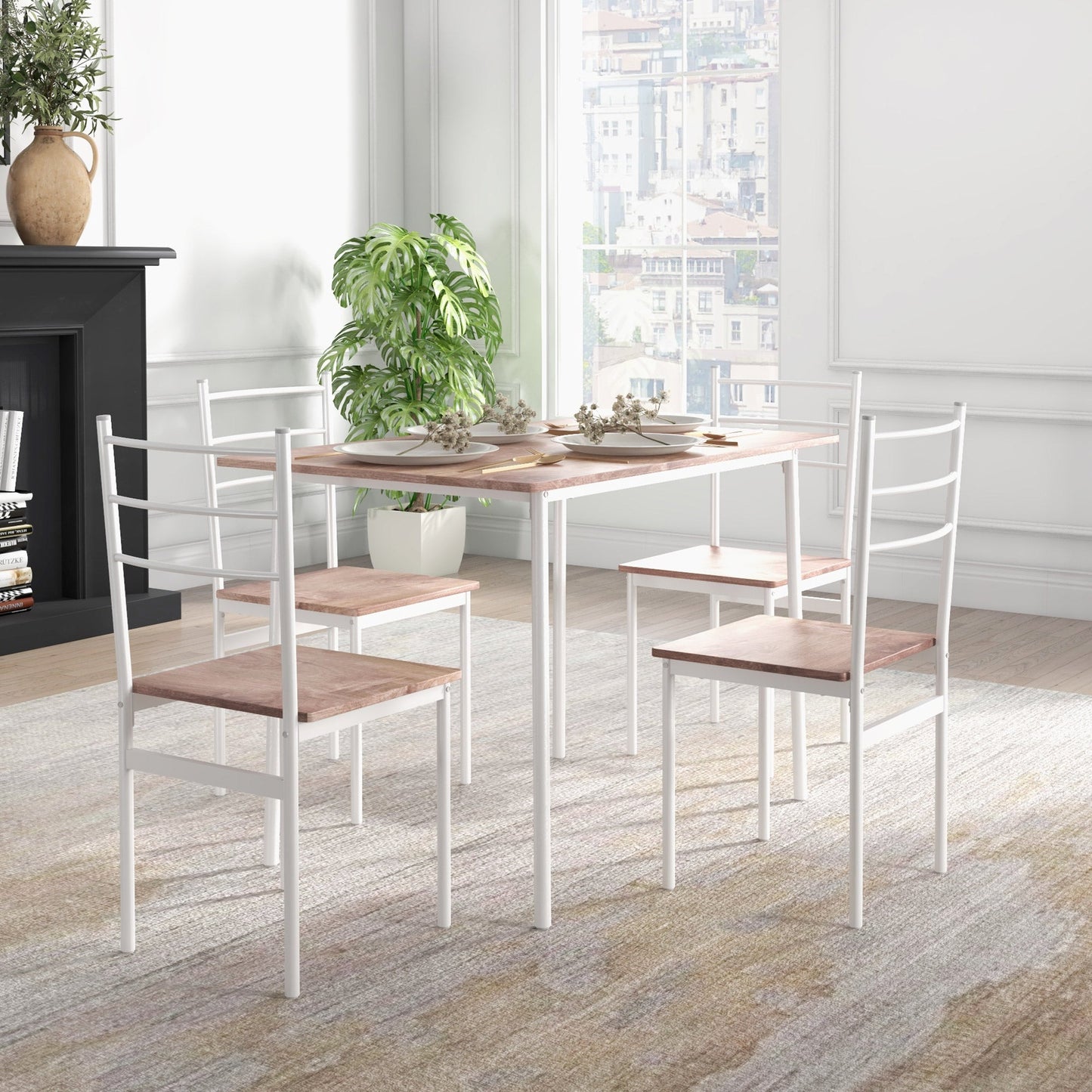 HOMCOM 5 Piece Dining Table and Chairs Set, Dining Room Sets, Steel Frame Space Saving Table and 4 Chairs for Compact Kitchens, White