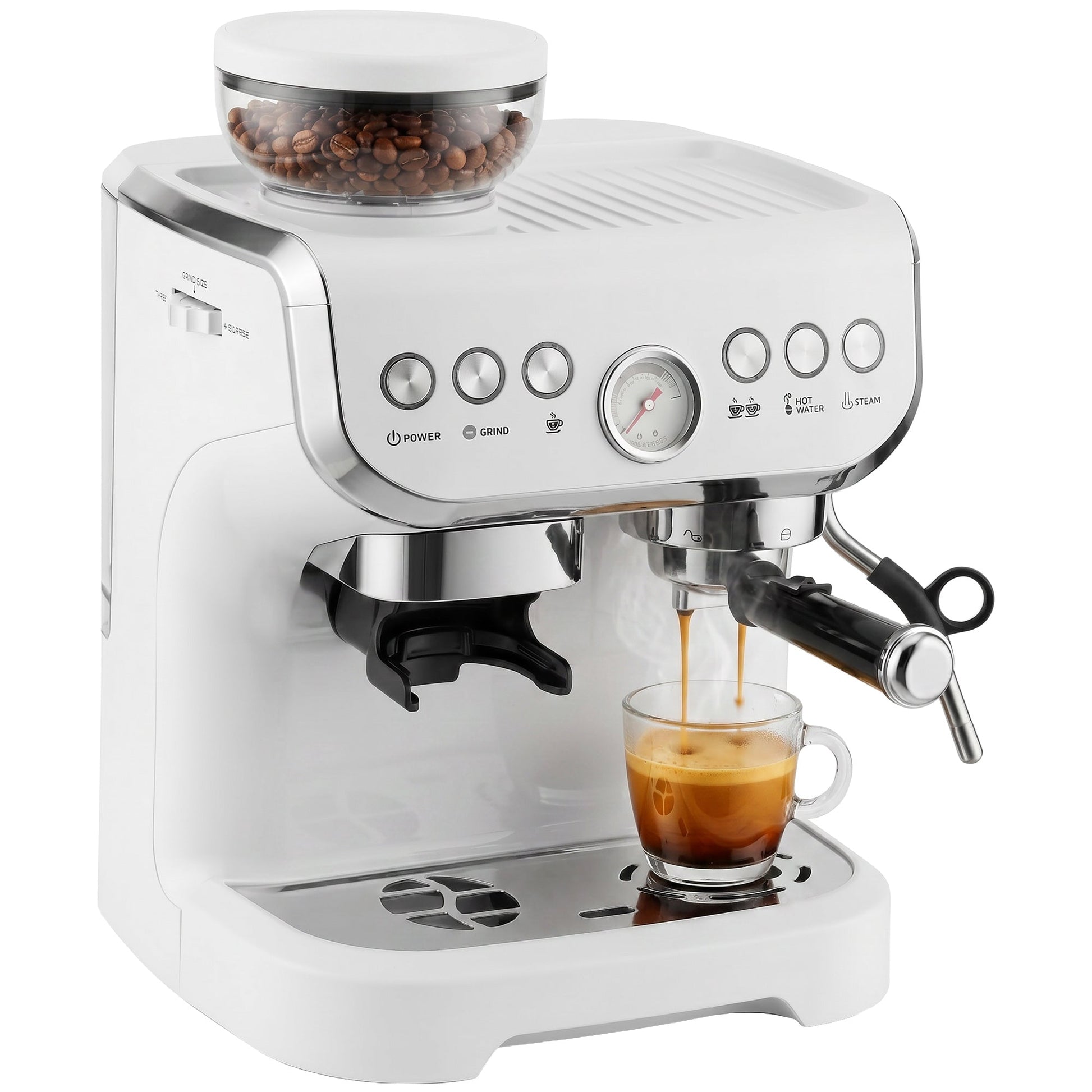 Espresso Machine with Integrated Bean Grinder & Steam Wand, Bean to Cup Coffee Machine with 15 Bar Italian Pump, 2L Water Tank, Cappuccino Maker, Stainless Steel, White