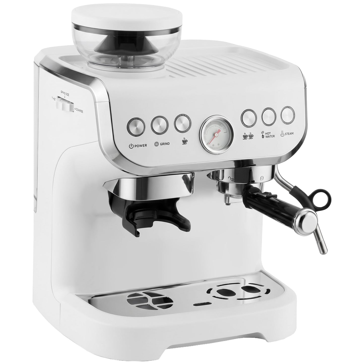 Espresso Machine with Integrated Bean Grinder & Steam Wand, Bean to Cup Coffee Machine with 15 Bar Italian Pump, 2L Water Tank, Cappuccino Maker, Stainless Steel, White