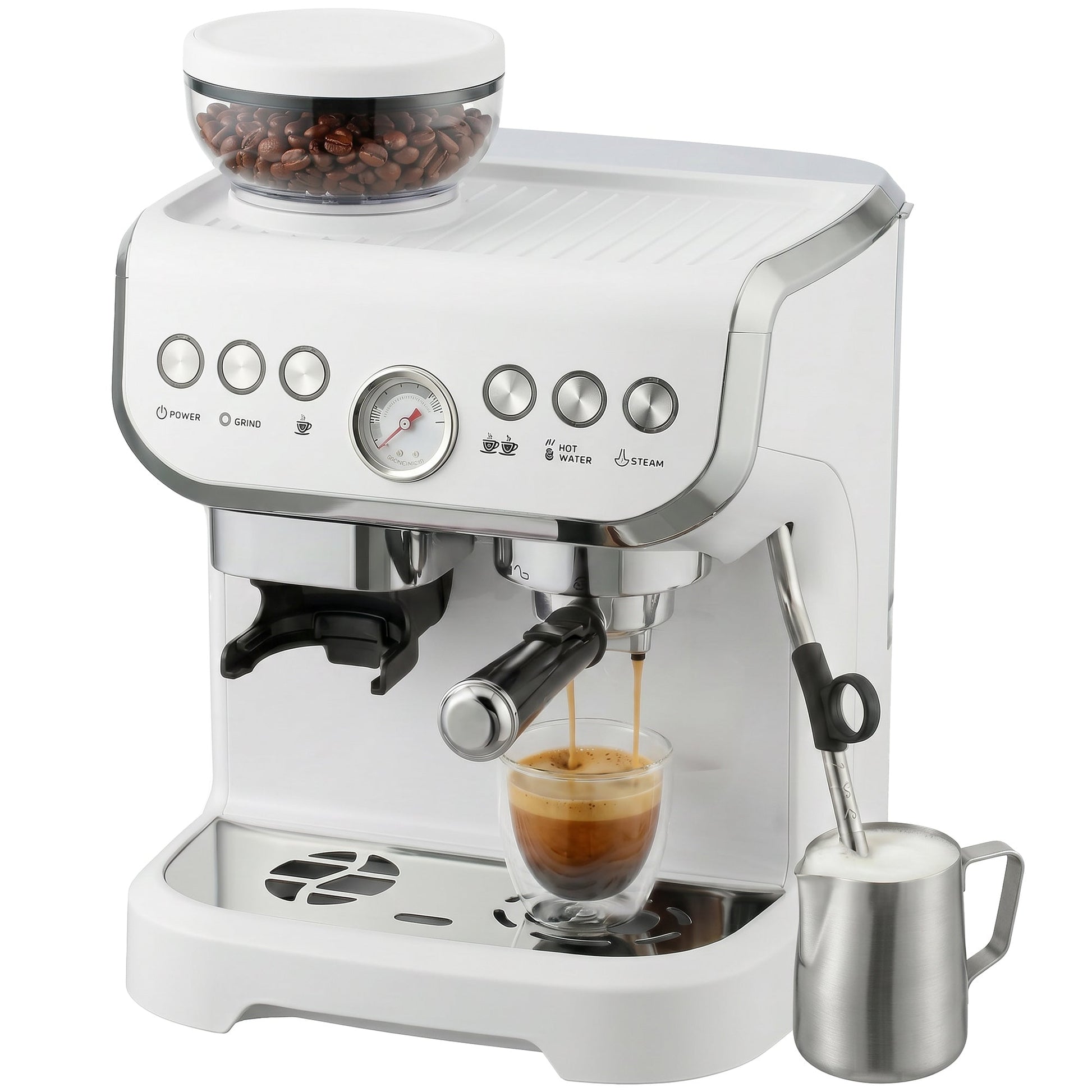 Espresso Machine with Integrated Bean Grinder & Steam Wand, Bean to Cup Coffee Machine with 15 Bar Italian Pump, 2L Water Tank, Cappuccino Maker, Stainless Steel, White