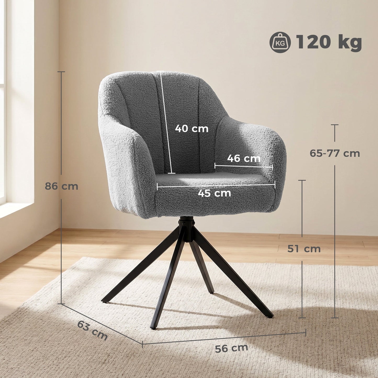 360 Degree Swivel Accent Chair, Snow Flannel Armchair, Upholstered Tufted Vanity Chair with Steel Legs for Living Room, Bedroom, Home Office, Grey