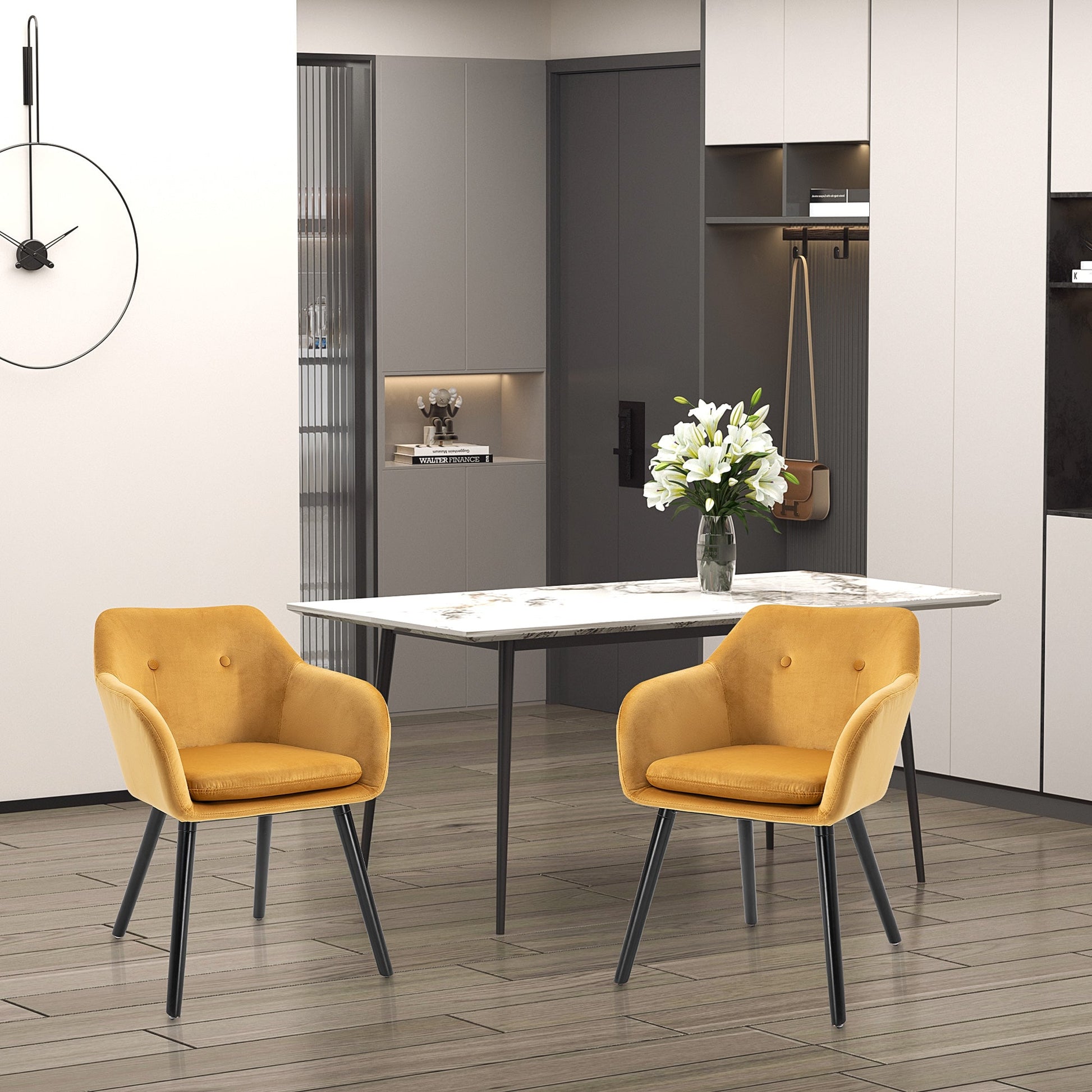 HOMCOM Dining Chairs Set of 2 Modern Upholstered Fabric Velvet-Touch Leisure Chairs with Backrest and Armrests, Lounge Reception Chairs for Home Office Kitchen Counter, Yellow