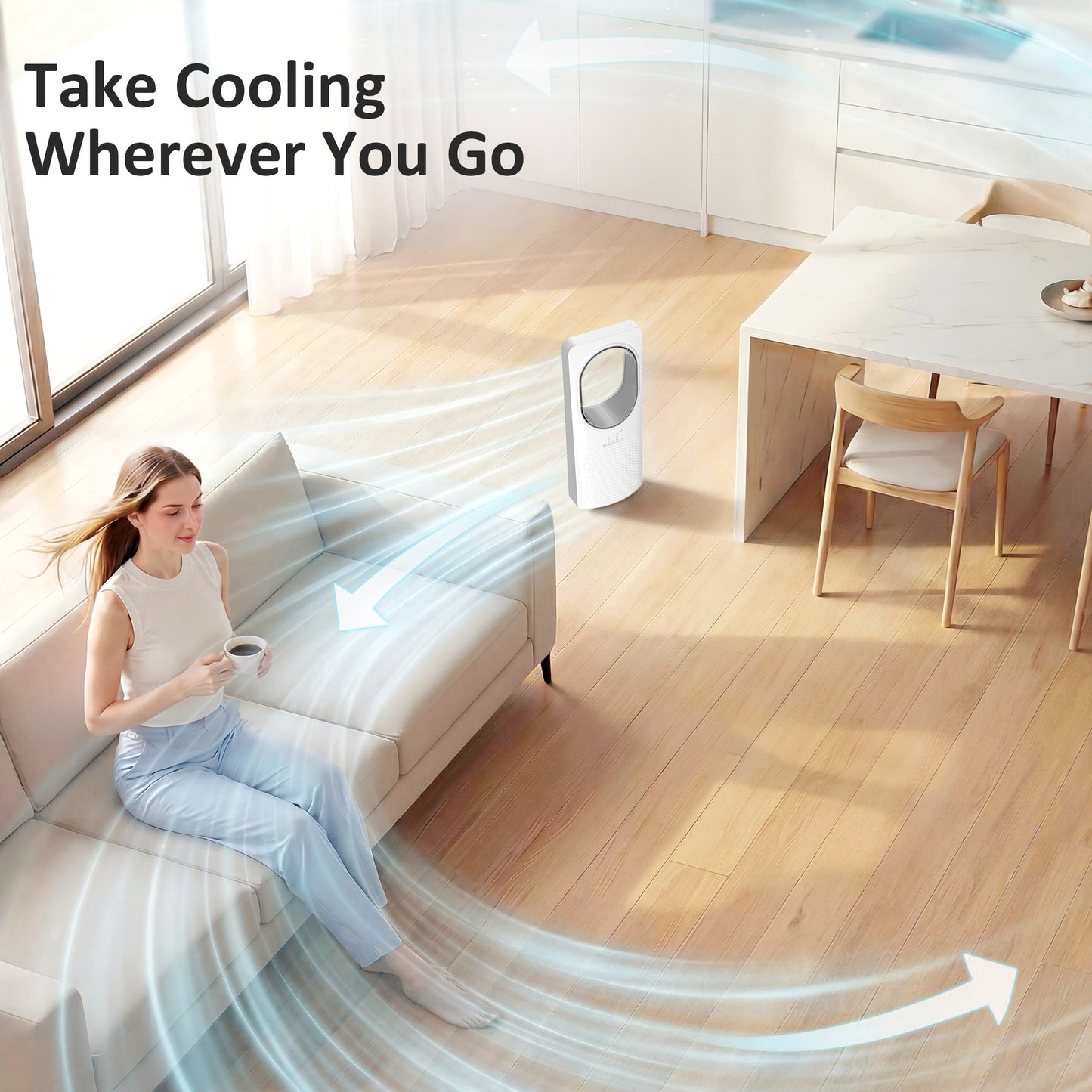 Bladeless Tower Fan for Bedroom, 36dB Standing Cooling Fan with 45° Oscillating, 3 Speeds, 3 Modes, 15H Timer, Touch Panel and Remote Control, White