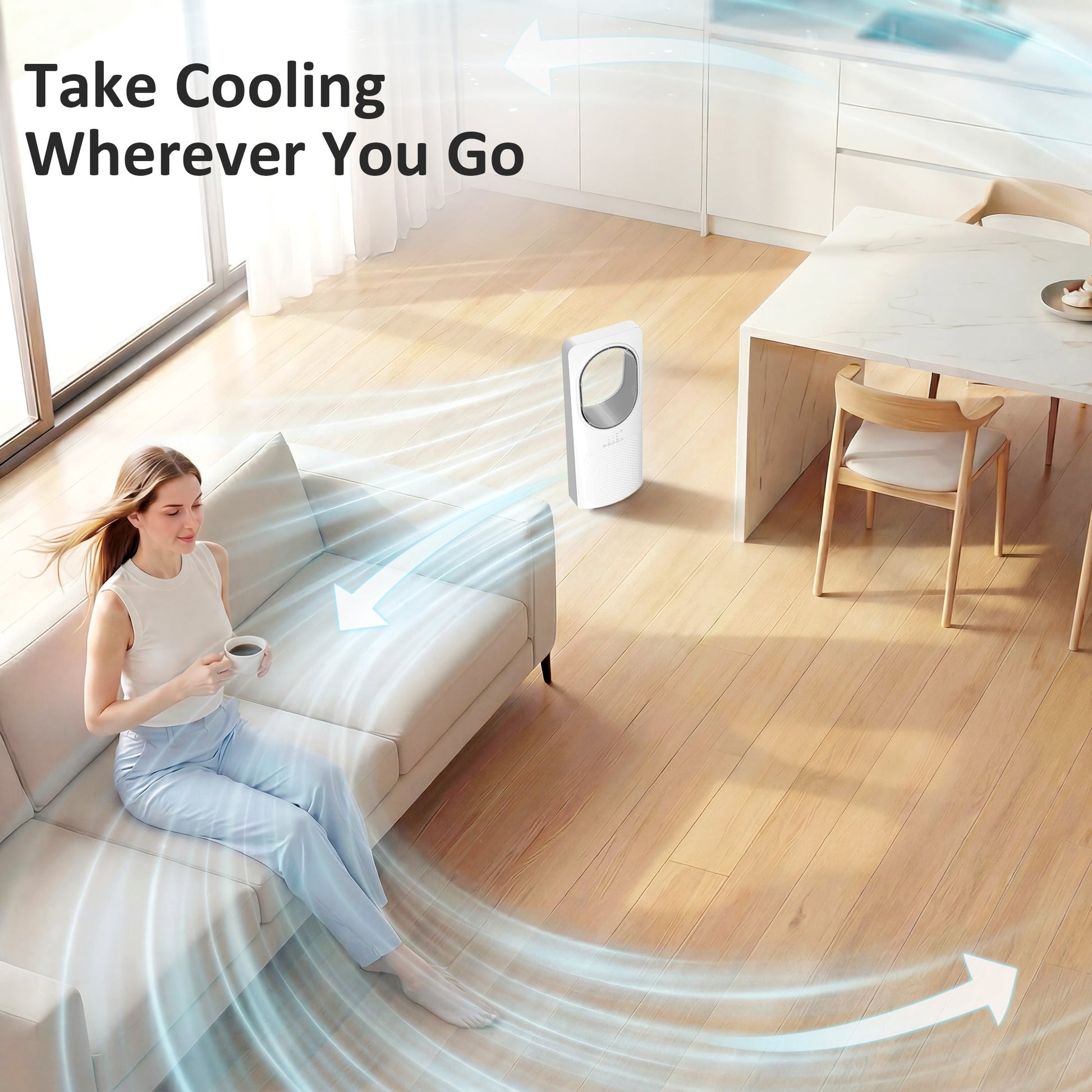 Bladeless Tower Fan for Bedroom, 36dB Standing Cooling Fan with 45° Oscillating, 3 Speeds, 3 Modes, 15H Timer, Touch Panel and Remote Control, White