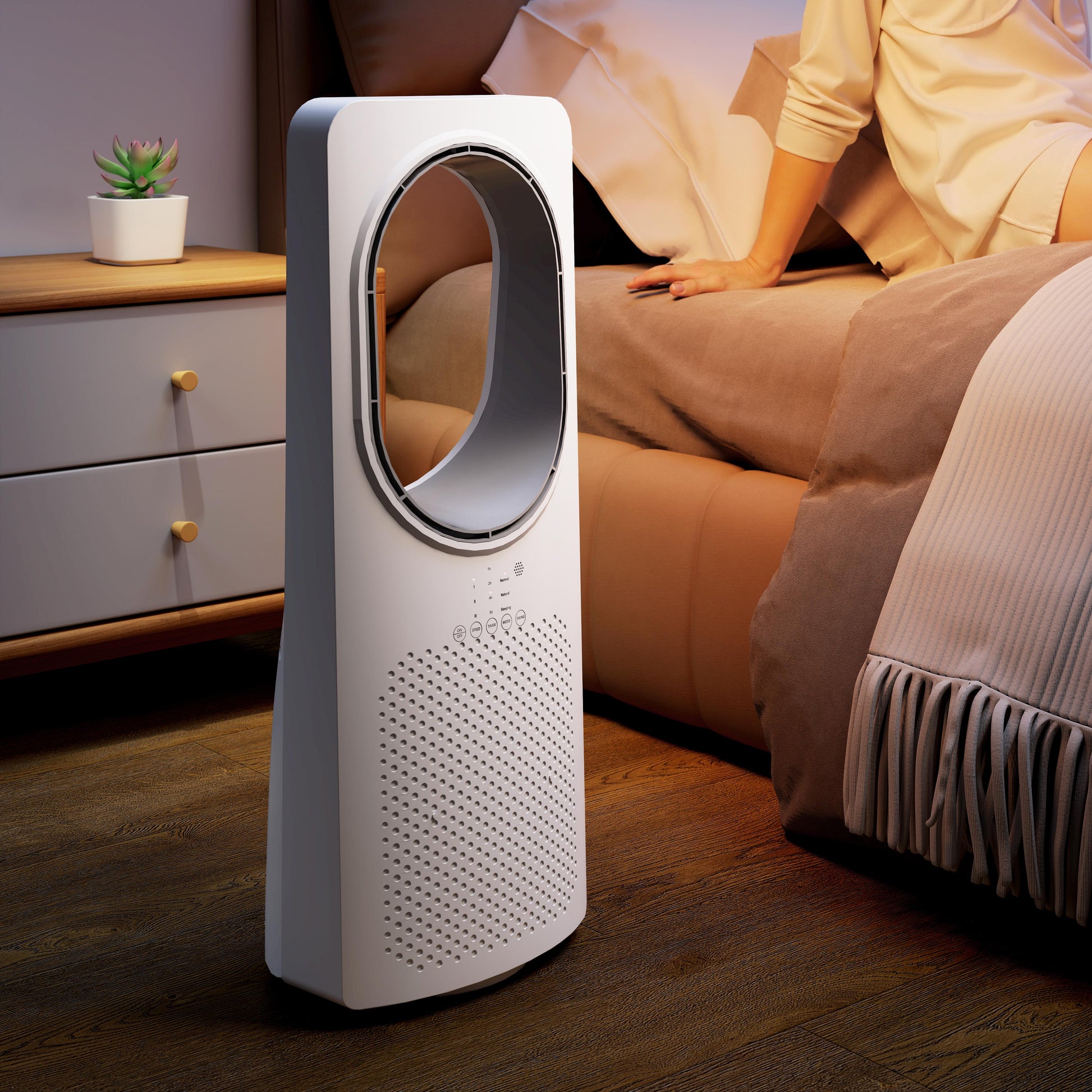 Bladeless Tower Fan for Bedroom, 36dB Standing Cooling Fan with 45° Oscillating, 3 Speeds, 3 Modes, 15H Timer, Touch Panel and Remote Control, White