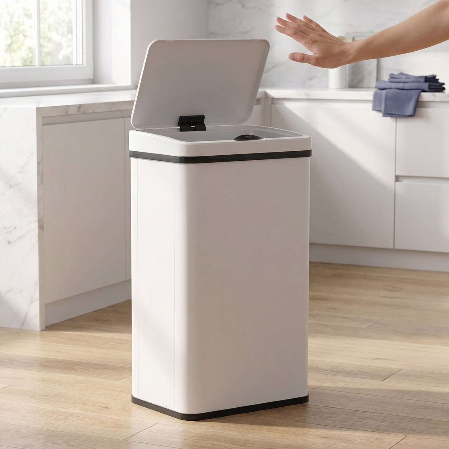 50L Sensor Bin with Quiet Soft-Close Lid, Automatic Touchless Motion Sensor Kitchen Bin with Fingerprint Resistant Stainless Steel for Hygienic Gyms, Home Office Use, White