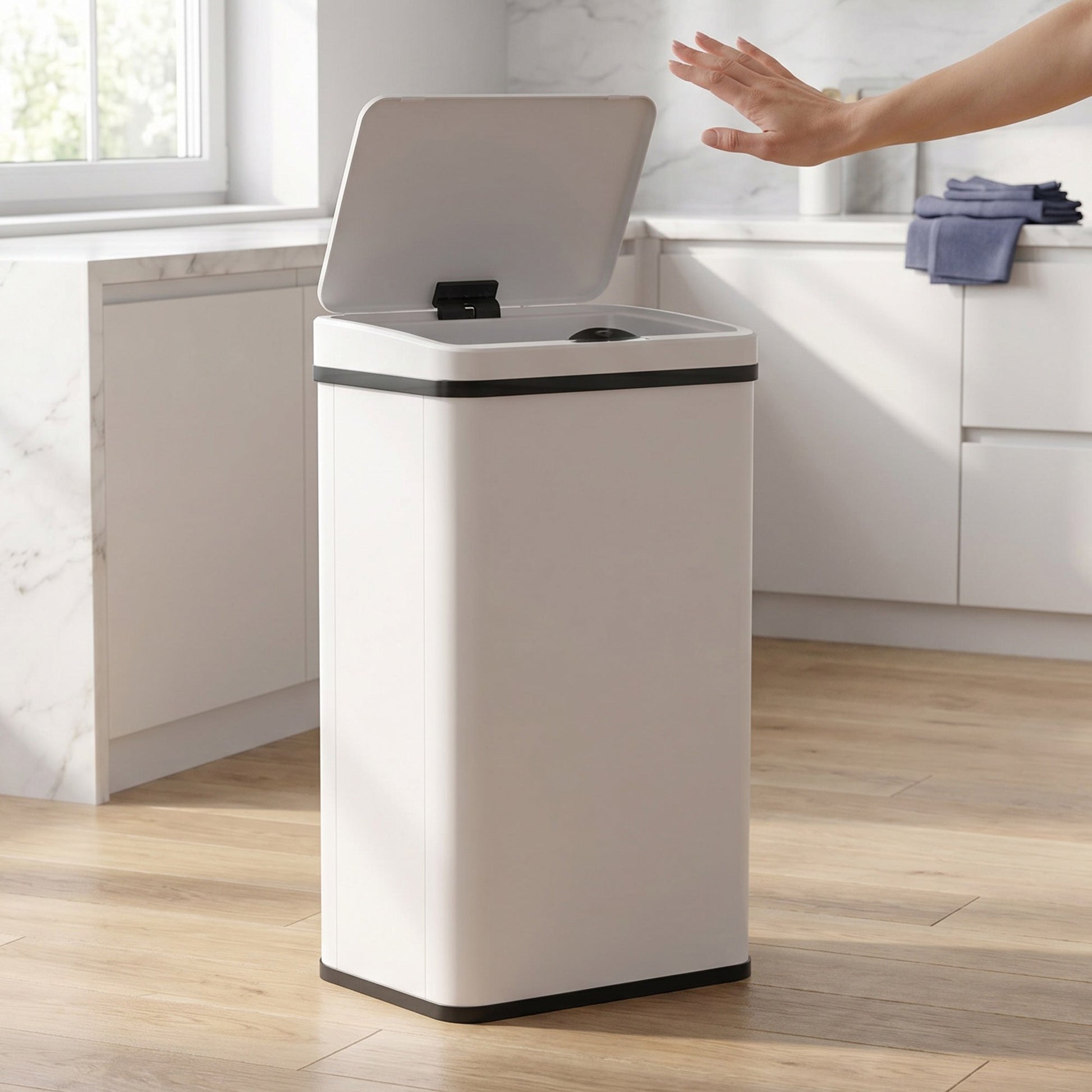 50L Sensor Bin with Quiet Soft-Close Lid, Automatic Touchless Motion Sensor Kitchen Bin with Fingerprint Resistant Stainless Steel for Hygienic Gyms, Home Office Use, White