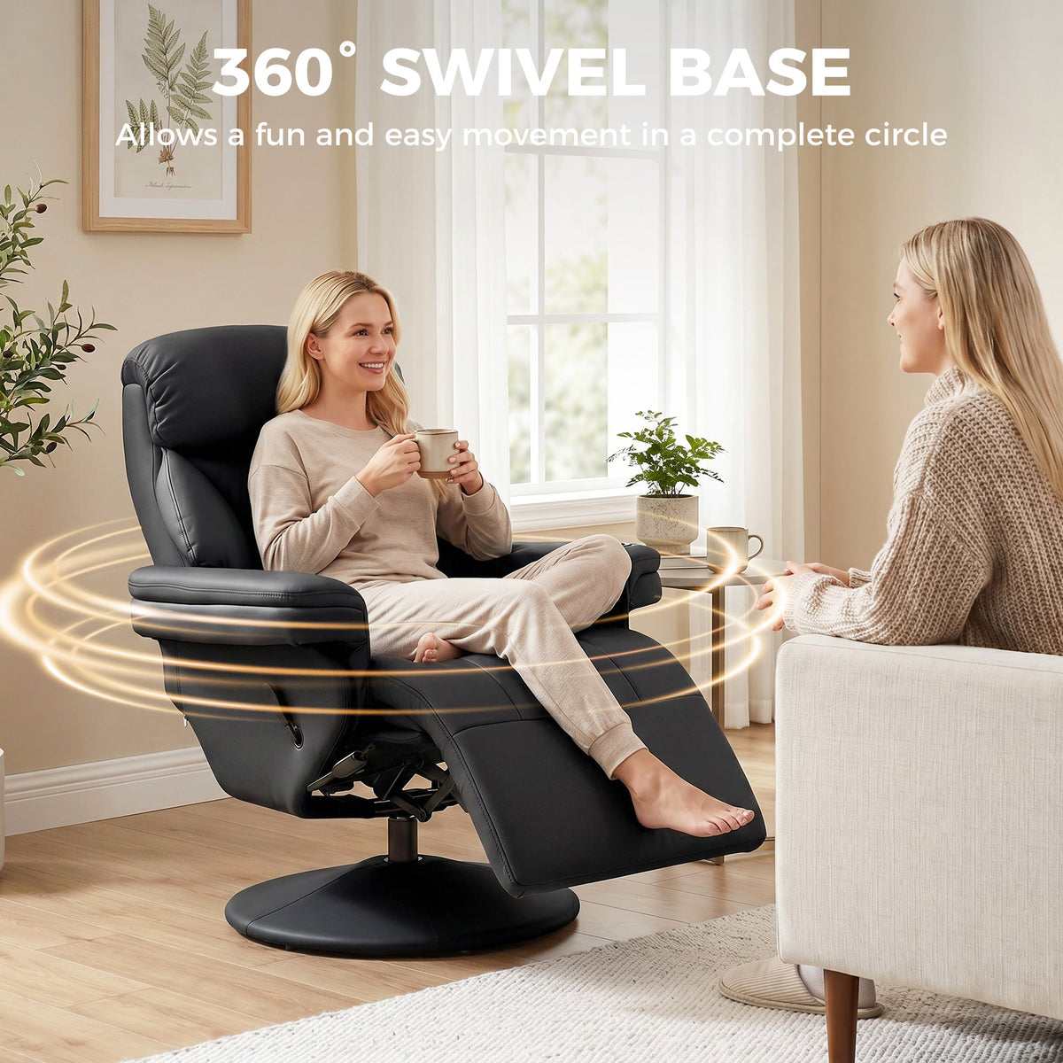 Manual Recliner Chair with Footrest, Upholstered Reclining Armchair with Adjustable Backrest and Cup Holder, PU Leather Swivel Chair for Living Room, Bedroom, Black
