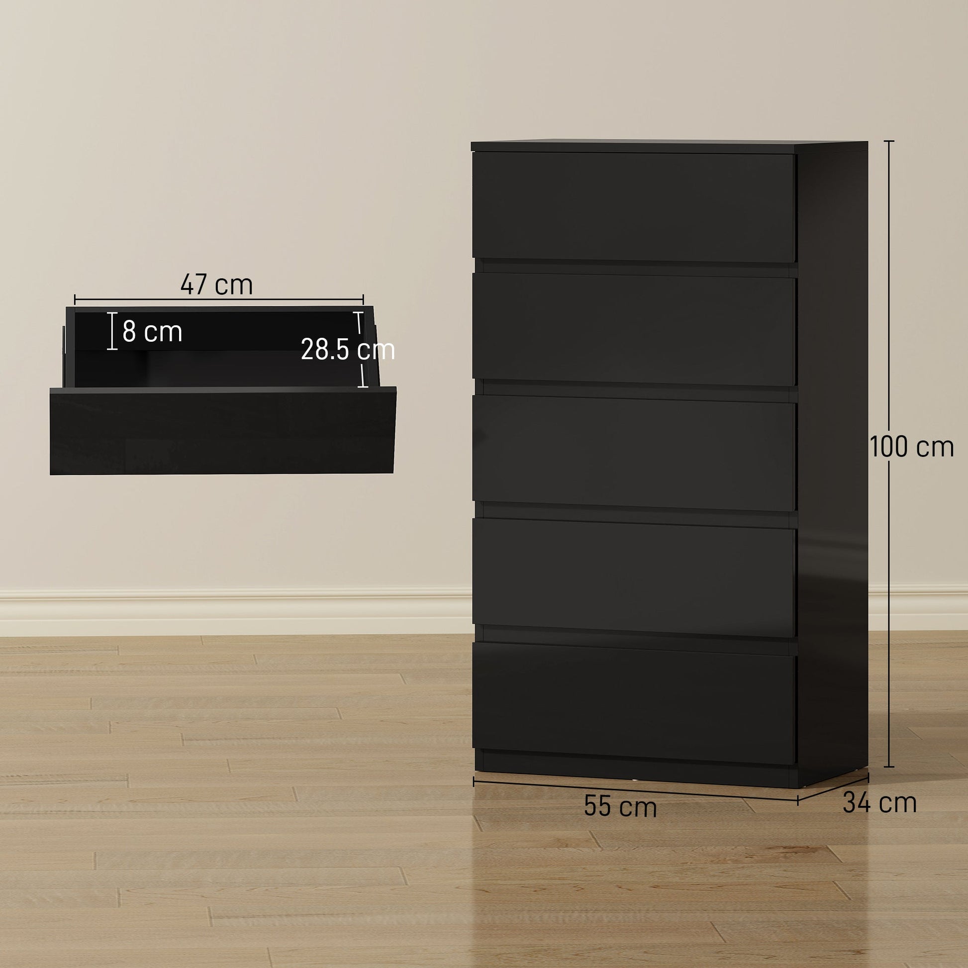 Chest of Drawers, 5 Drawers Storage Cabinet Floor Tower Cupboard for Bedroom Living Room, High Gloss Black