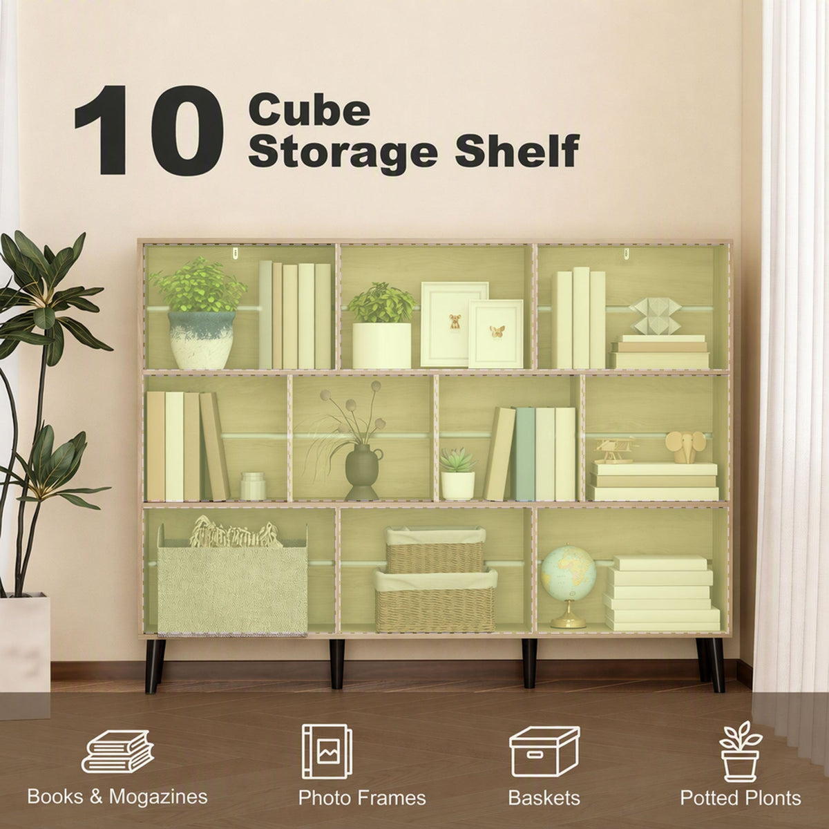 10-Cube Bookshelf, 3-Tier Bookcase with Solid Wood Legs, 140 cm Modern Freestanding Book Shelf with Anti-Tip Kit for Bedroom Living Room Study Office, Oak