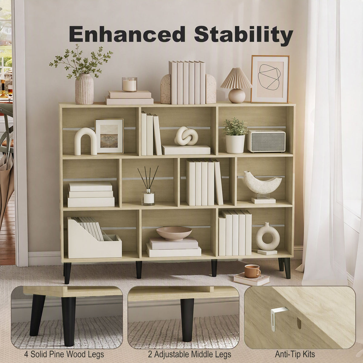 10-Cube Bookshelf, 3-Tier Bookcase with Solid Wood Legs, 140 cm Modern Freestanding Book Shelf with Anti-Tip Kit for Bedroom Living Room Study Office, Oak