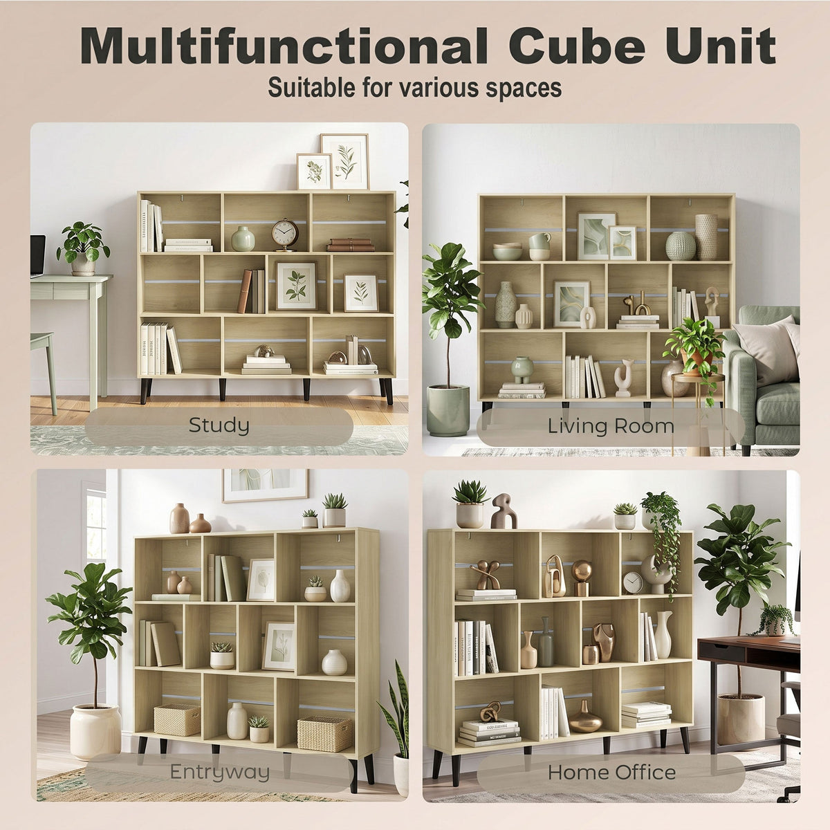 10-Cube Bookshelf, 3-Tier Bookcase with Solid Wood Legs, 140 cm Modern Freestanding Book Shelf with Anti-Tip Kit for Bedroom Living Room Study Office, Oak