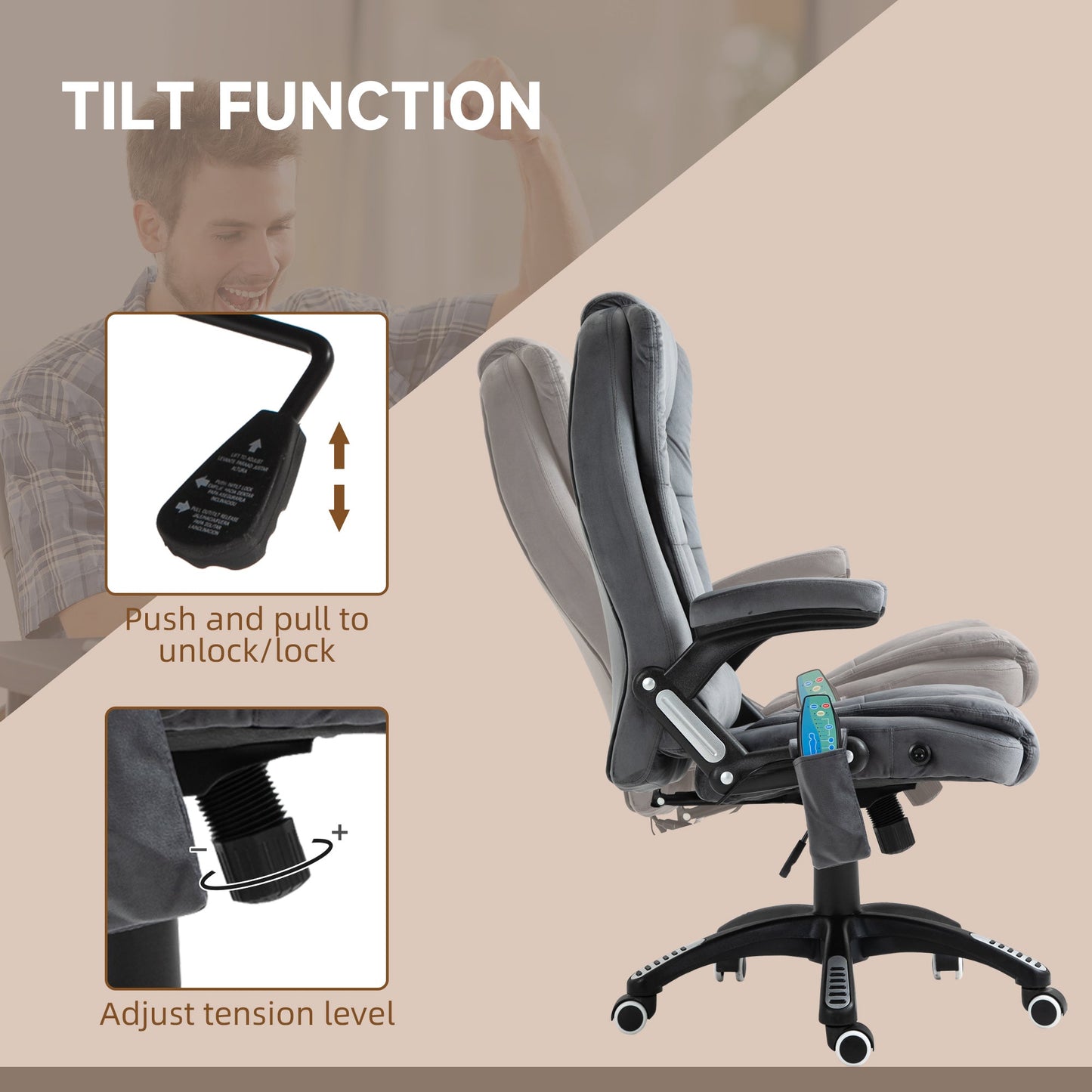 Vinsetto Office Chair, Ergonomic Desk Chair with 6-Point Massage and Back Heated, Velvet-Feel Fabric Computer Gaming Chair with Arms, Lumbar Support, Gray
