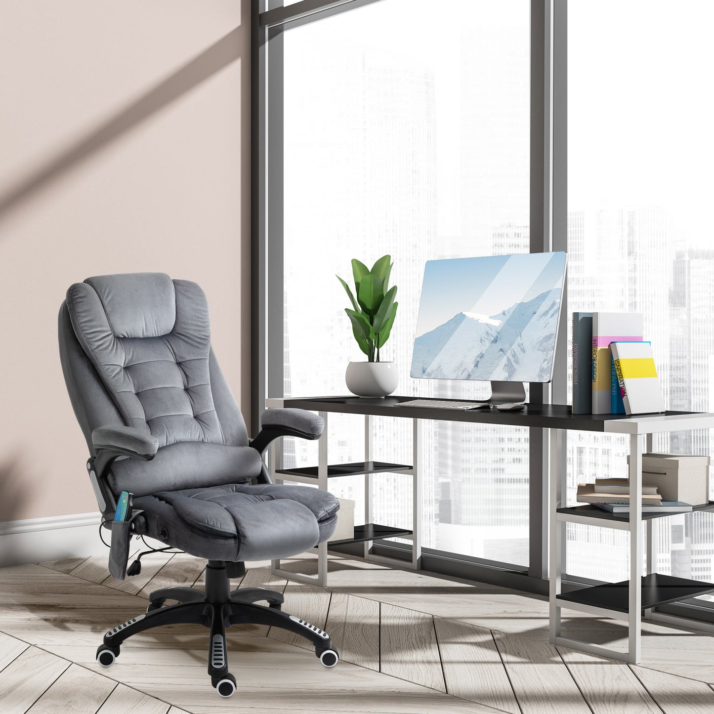 Vinsetto Office Chair, Ergonomic Desk Chair with 6-Point Massage and Back Heated, Velvet-Feel Fabric Computer Gaming Chair with Arms, Lumbar Support, Gray
