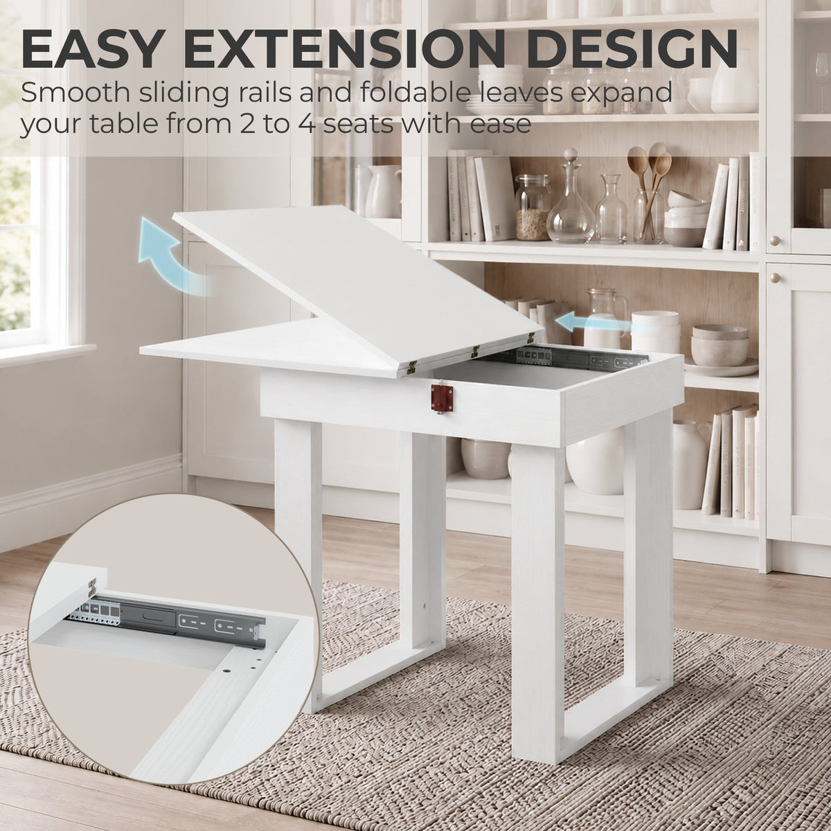 Folding Dining Table for 4 with Under-Table Storage, 70-140 cm Modern Extendable Kitchen Table with Steel Rail, Space-Saving for Kitchen, Dining Room, White